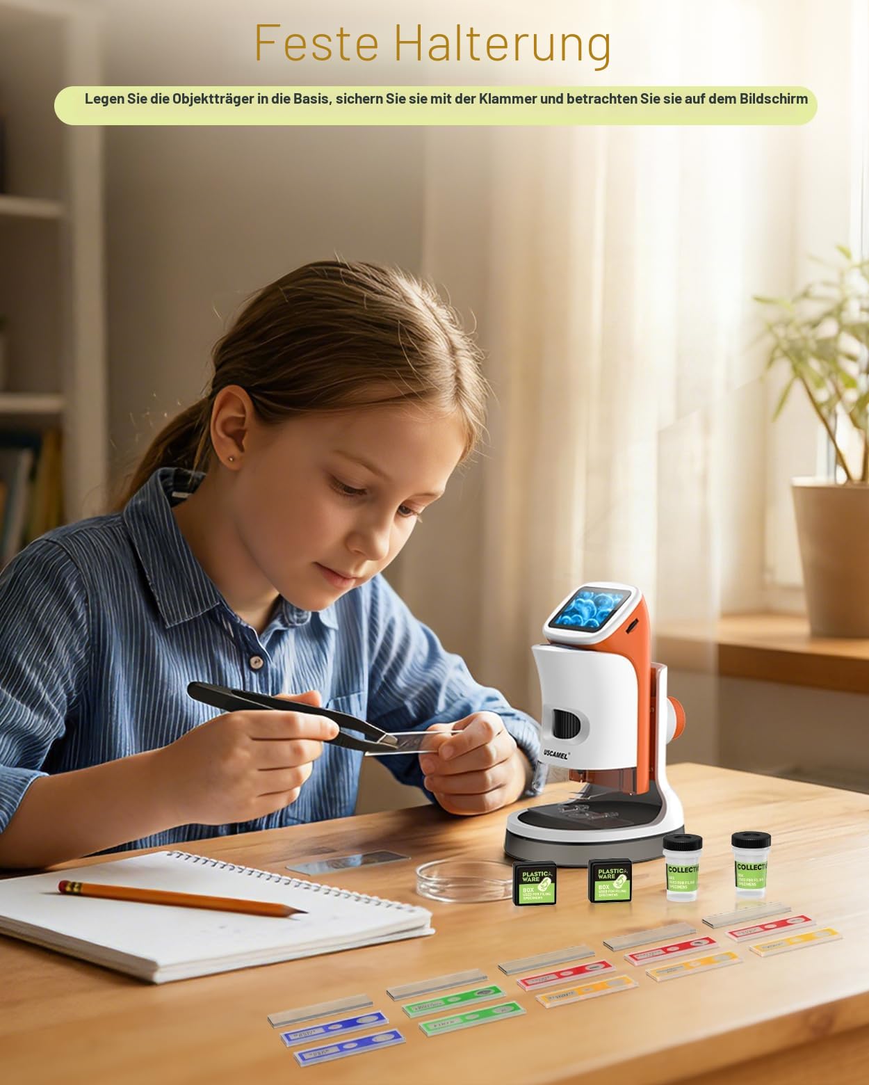 Mikroskop für Kinder mit Stand: Digitales Handmikroskop 100 – 1000 x: LCD-Display 4 K, 2,0 Zoll, USB, tragbar, Taschenmikroskop, mit wissenschaftlichen Kits, 15 Folien, 32 GB Speicherkarte