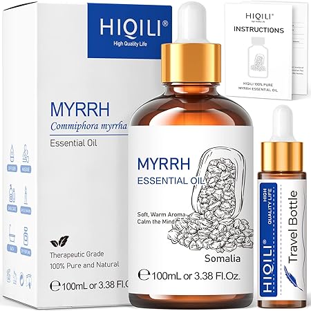 HIQILI Myrrh Essential Oil,100% Pure Premium Quality Therapeutic Grade for Diffuser, Massage, Bath, Skin & Hair Care - 3.38 Fl Oz