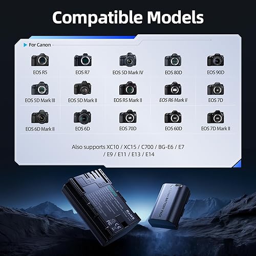 Miniatura 3 de llano Paquete de 2 baterías LP-E6NH de 2400 mAh con carga rápida USB-C para Canon R5R6R7 Mark II, 5D6D7D Mark IIIIIIV, 60D70D80D90D, totalmente