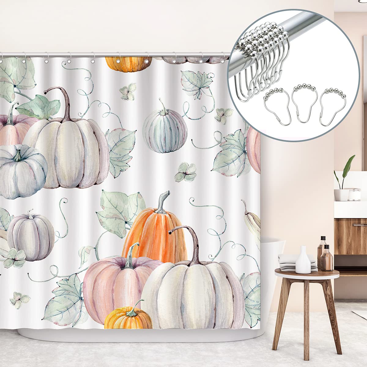 Shinichistar 72 x 72 Inches Fall Shower Curtain Watercolor Pumpkins for Bathroom Sets Harvest Thanksgiving Home Decor Durable Waterproof Fabric Bathtub Decorations with 12 Metal Hooks