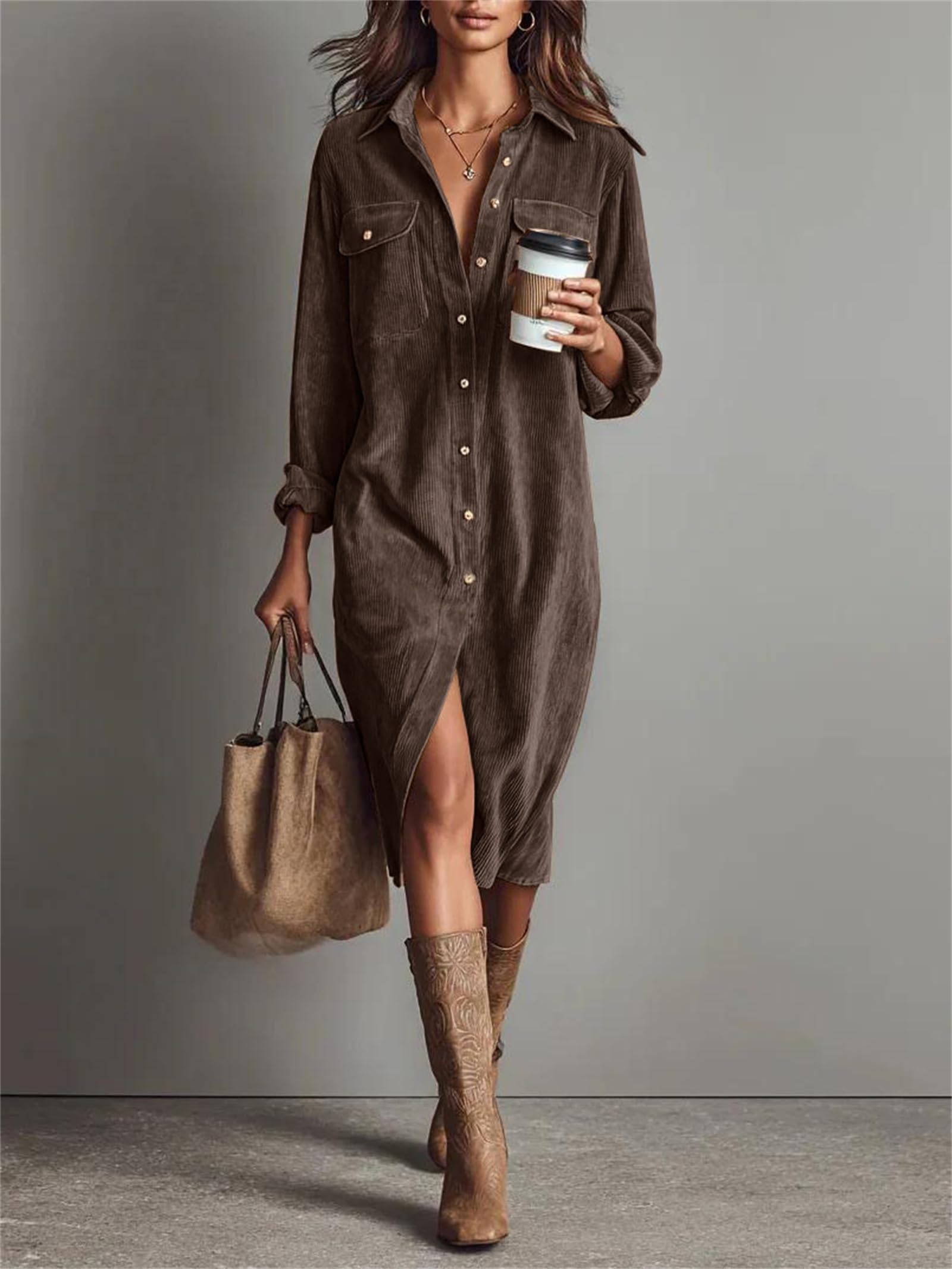 Vestido camisero de pana para mujer, estilo informal, con cuello de solapa, corte acampanado y plisado, marrón, XXL