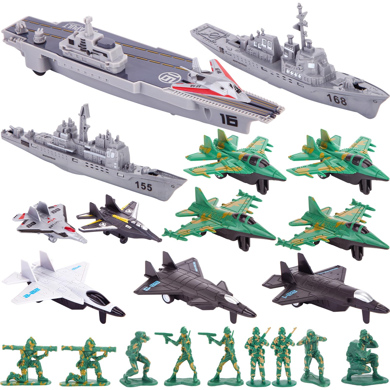 3 otters 27PCS Aircraft Carrier Toy Set, Army Men Military Set Battle Group Plastic Military Toy Aircraft Carrier Warplanes Battleship for Boys Kids Birthday Gift