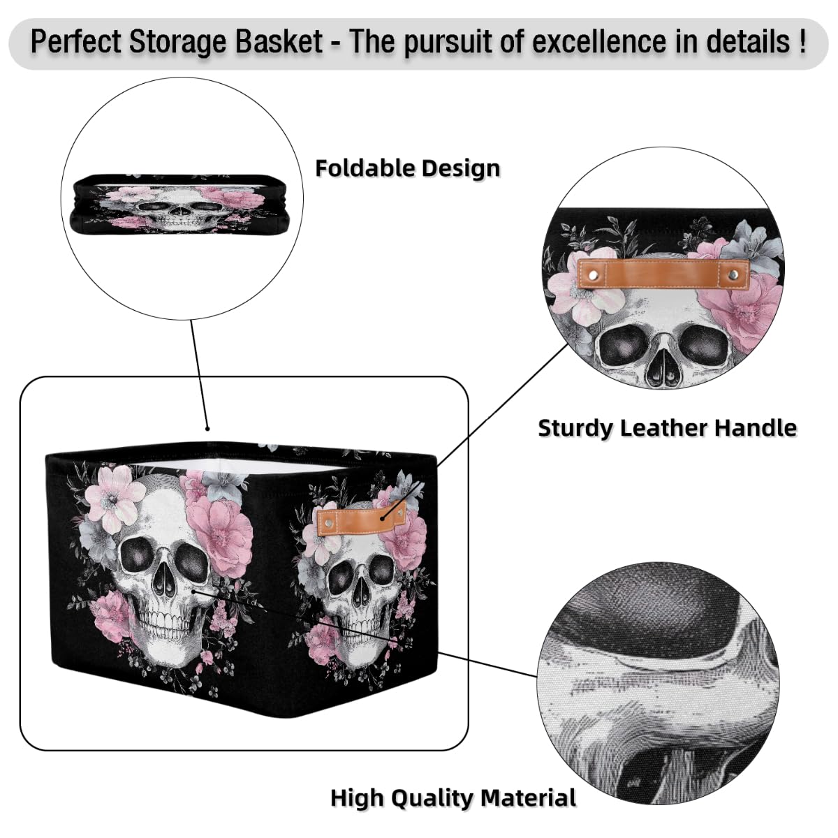 SEULIFE Floral Sugar Skull Flower Halloween Foldable Storage Basket, Large Collapsible Organizer Storage Bin Cube Toys Storage Boxes with Handles for Bathroom Kids Nursery Closet Storage, 1 Pack