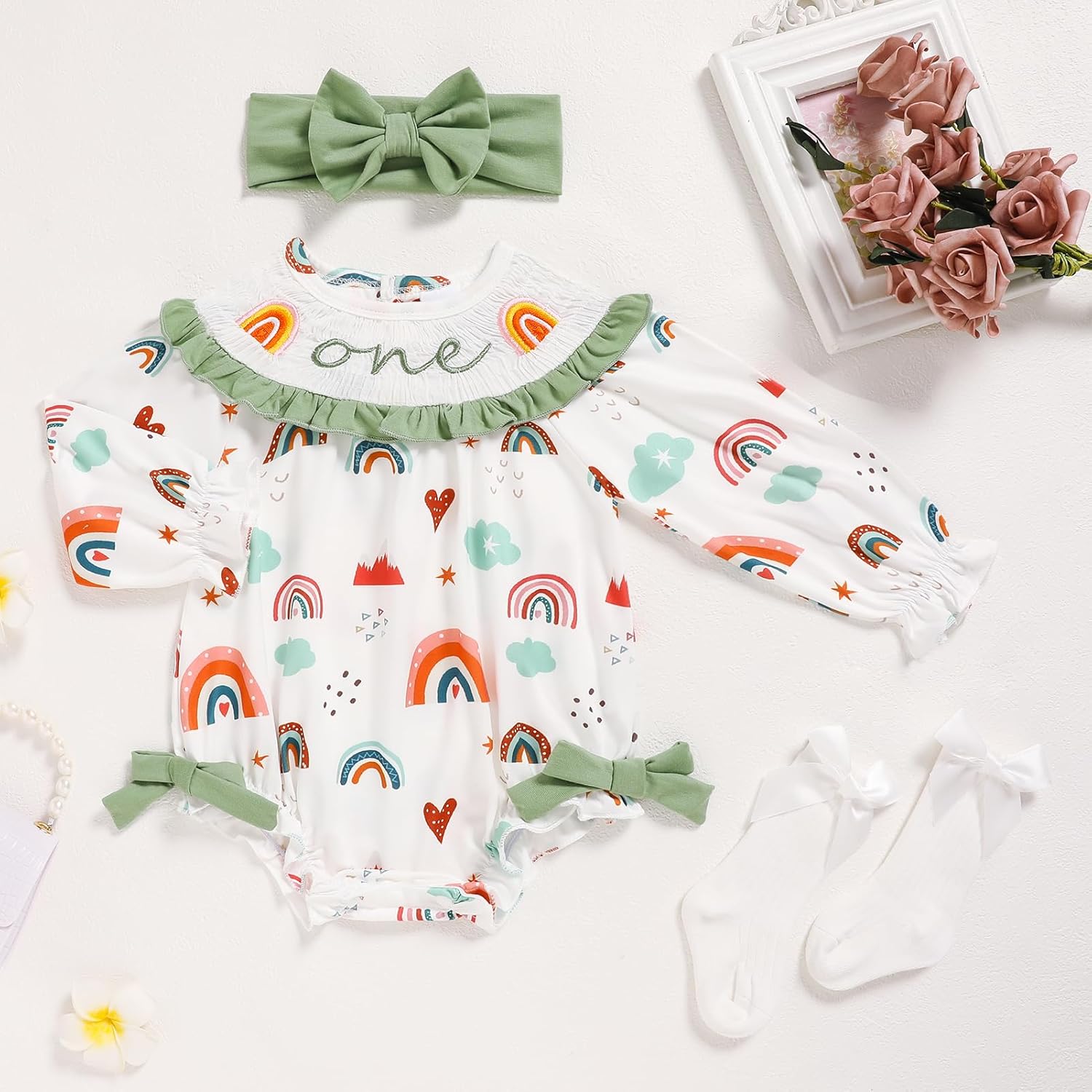 GRNSHTS Baby Girl 1st Birthday Outfits One Year Old Printed Romper Embroidery Bodysuit Cake Smash Clothes - Image 7