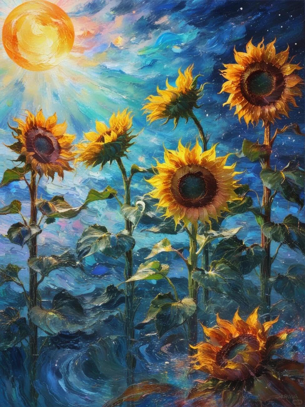Henypt Cross Stitch Kit Starry Sky and Sunflowers Flowers DIY Arts Aand Craft Kit for Beginners The Elderly with Accessories Handmade DIY/Gifts 14CT 40x50cm
