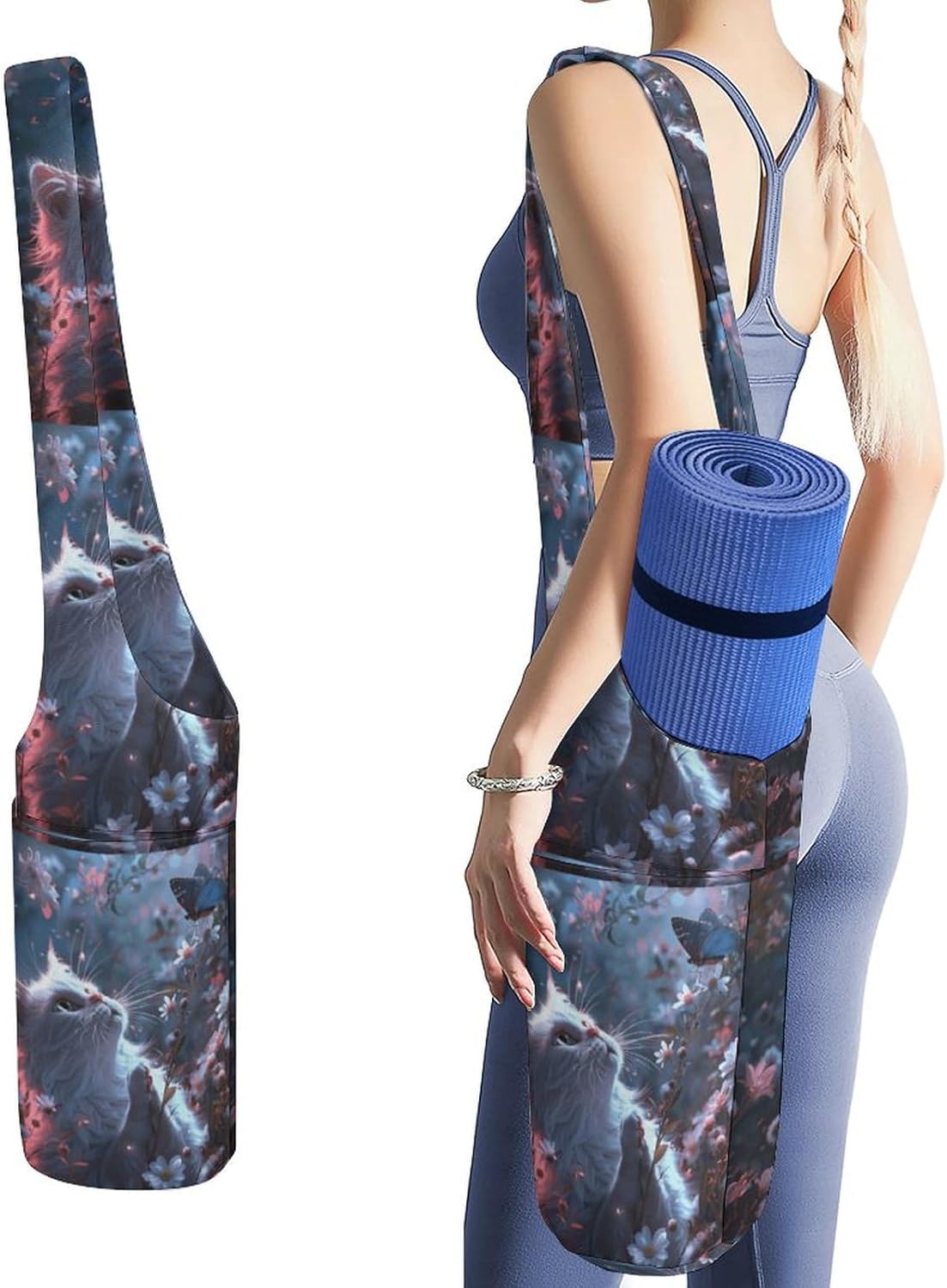 Canvas Yoga Bag,White Cat in Flowers Printed Yoga Mat Handbag,Portable Yoga Mat Bag Large Capacity Gym Bag for Men Women Pilates Beach Travel