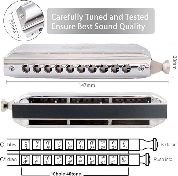 East top Chromatic Harmonica 10 Holes 40 Tones Professional Chromatic Harmonica in C, Upgrade Mouth Organ harmonica for Adults, Professional Player and Students