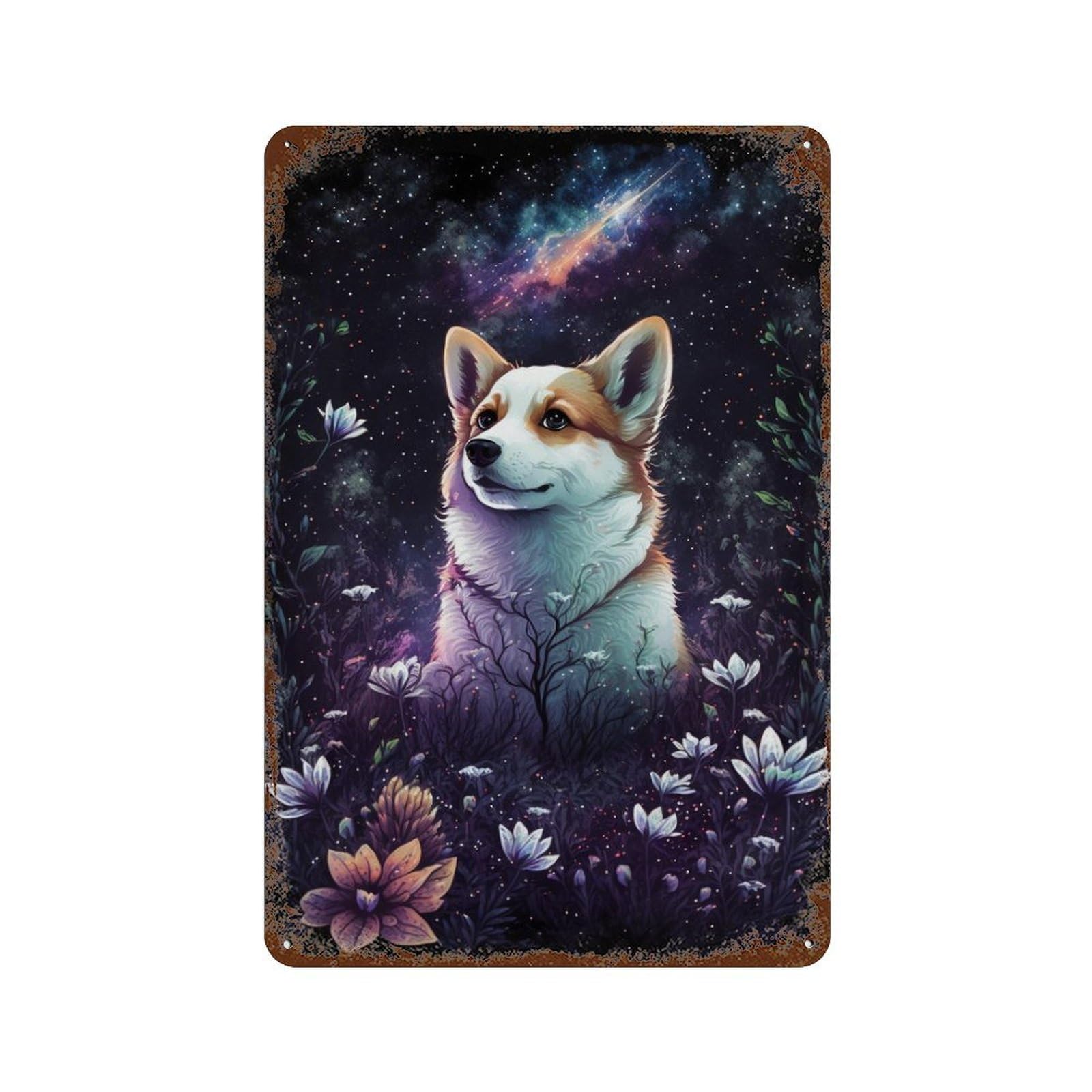 Starry Night Corgi Garden Retro Metal Sign 11.8"x7.9", Classic Wall Plaque for Basement, Hobby Room And Garage Decor