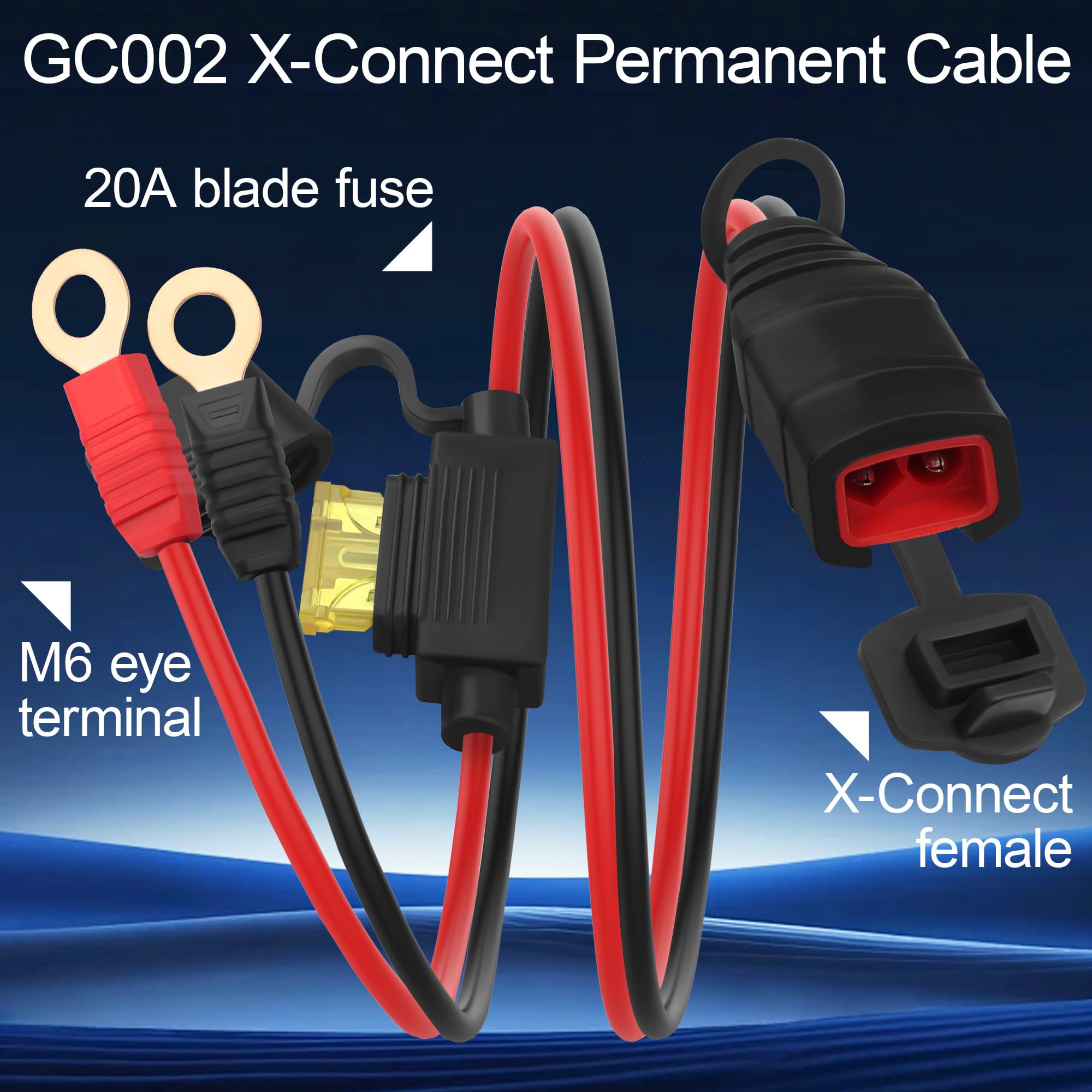 GC002 X-Connect M6 Terminal de ojal 20 A fusible permanente cable de carga de batería para motocicleta, ATV, UTV, generador y mantenimiento de motor pequeño, 16 AWG, 21 pulgadas