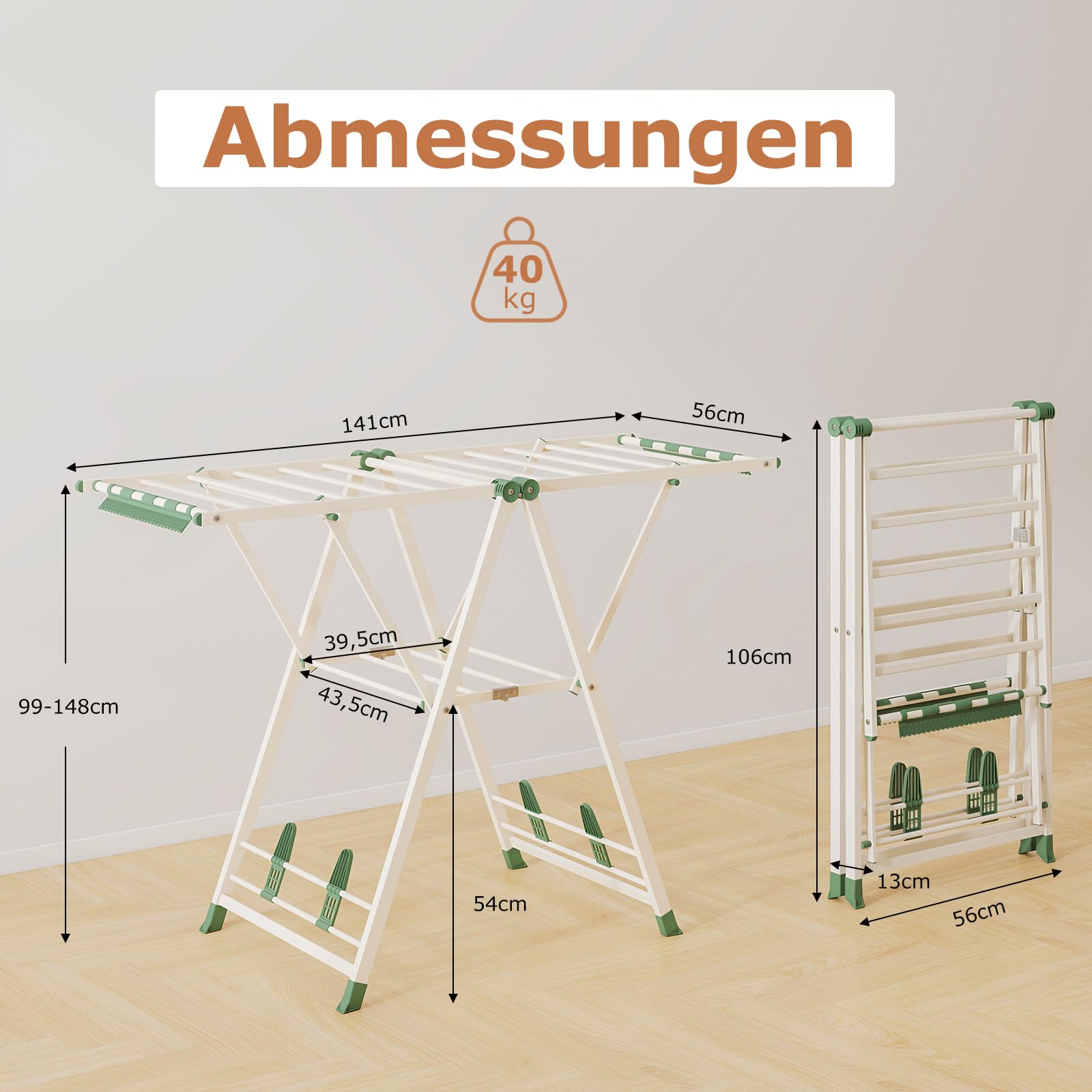 COSTWAY Wäscheständer klappbar mit verstellbaren Flügeln, Sockenklammern & Schuhablage, Wäschetrockner ausziehbar, Trockenständer freistehend für die Wäsche drinnen & draußen (Beige,141cm)