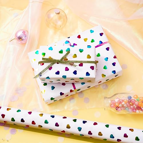 Miniatura 5 de LeZakaa Rollo de papel de regalo de San Valentín, diseño colorido holográfico impreso de corazones para cumpleaños, aniversario, baby shower,