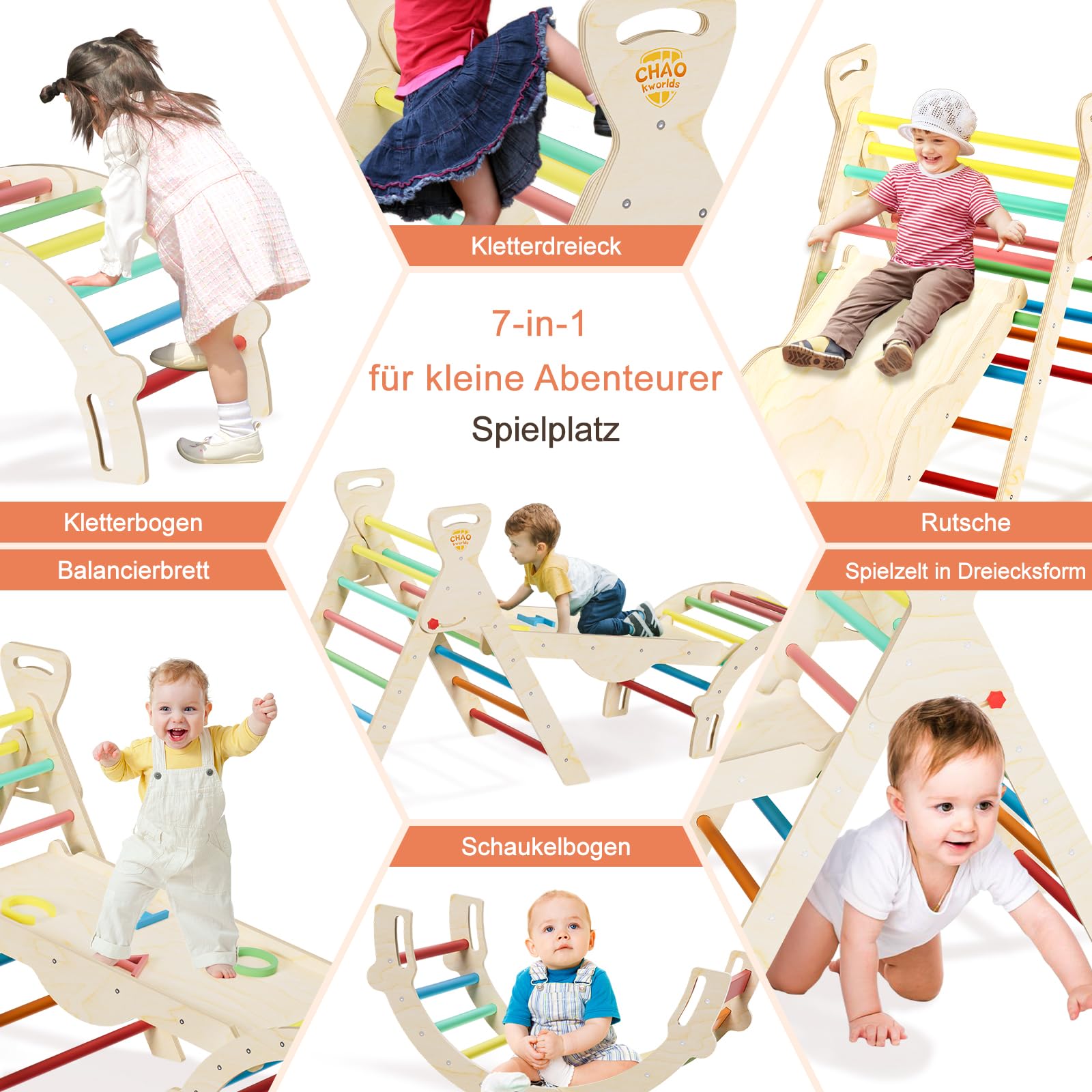 Pikler Dreieck 8-in-1 klappbar, Montessori Klettergerüst Indoor aus Holz mit Rutsche, Kletterbogen und Rampe für Kinder 1–6 Jahre stabil und platzsparend, Regenbogenfarben