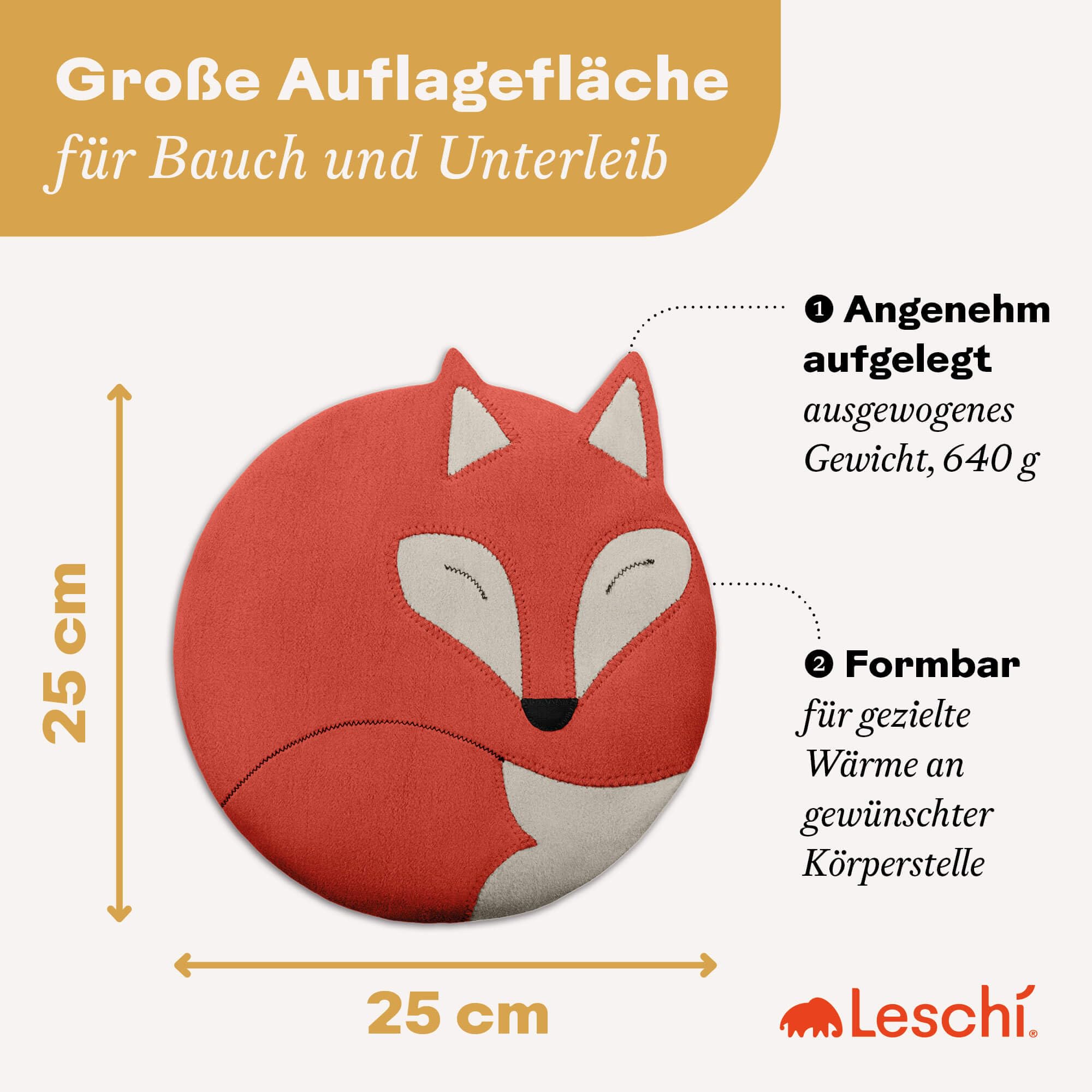 LESCHI 4 Kammer Körnerkissen für Mikrowelle - Wärmekissen aus 100% natürlicher Bio Baumwolle & Bio Weizen - ideal als natürliche Hilfe bei Bauch- und Regelschmerzen - Fuchs, Rot