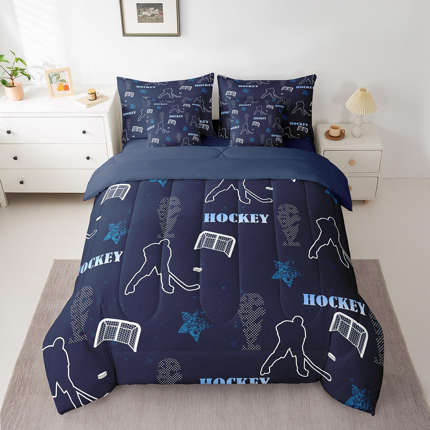 Erosebridal Hockey Twin Bedding Set 7 Piece for Boys Girls,Navy Blue Sports Comforter Set with Sheets for Kids Room Decor,Ice Hockey Puck Bed in a Bag Ball Games Bed Set with Pillow Cases & Covers