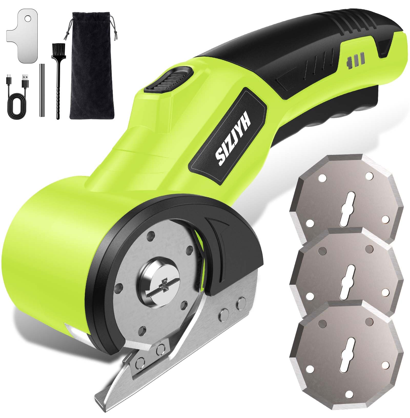 Photo 1 of 2026 Upgrade Cordless Electric Scissors with 3 Tungsten Steel Blades, 2500mAh Battery, LED Light, High-Torque Motor, Cardboard Cutter for Fabric, Cardboard, Leather, Carpet, Wire Rope Cutters (Green)