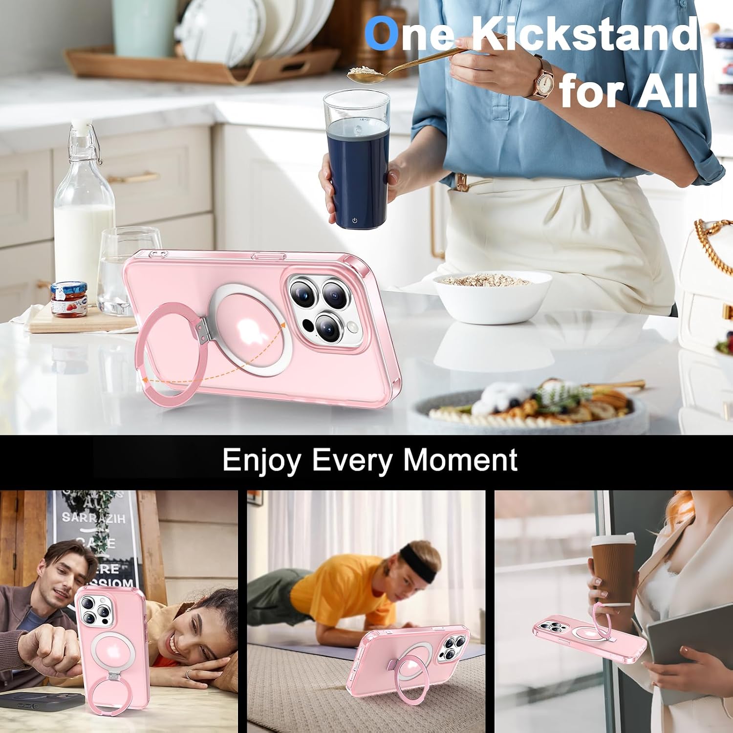 for iPhone 13 Pro Full Body Shockproof Case with Magnetic Invisible Stand [Compatible with MagSafe] Built-in Screen Protector Military Drop ProtectionTranslucent Phone Cover -Pink thumbnail