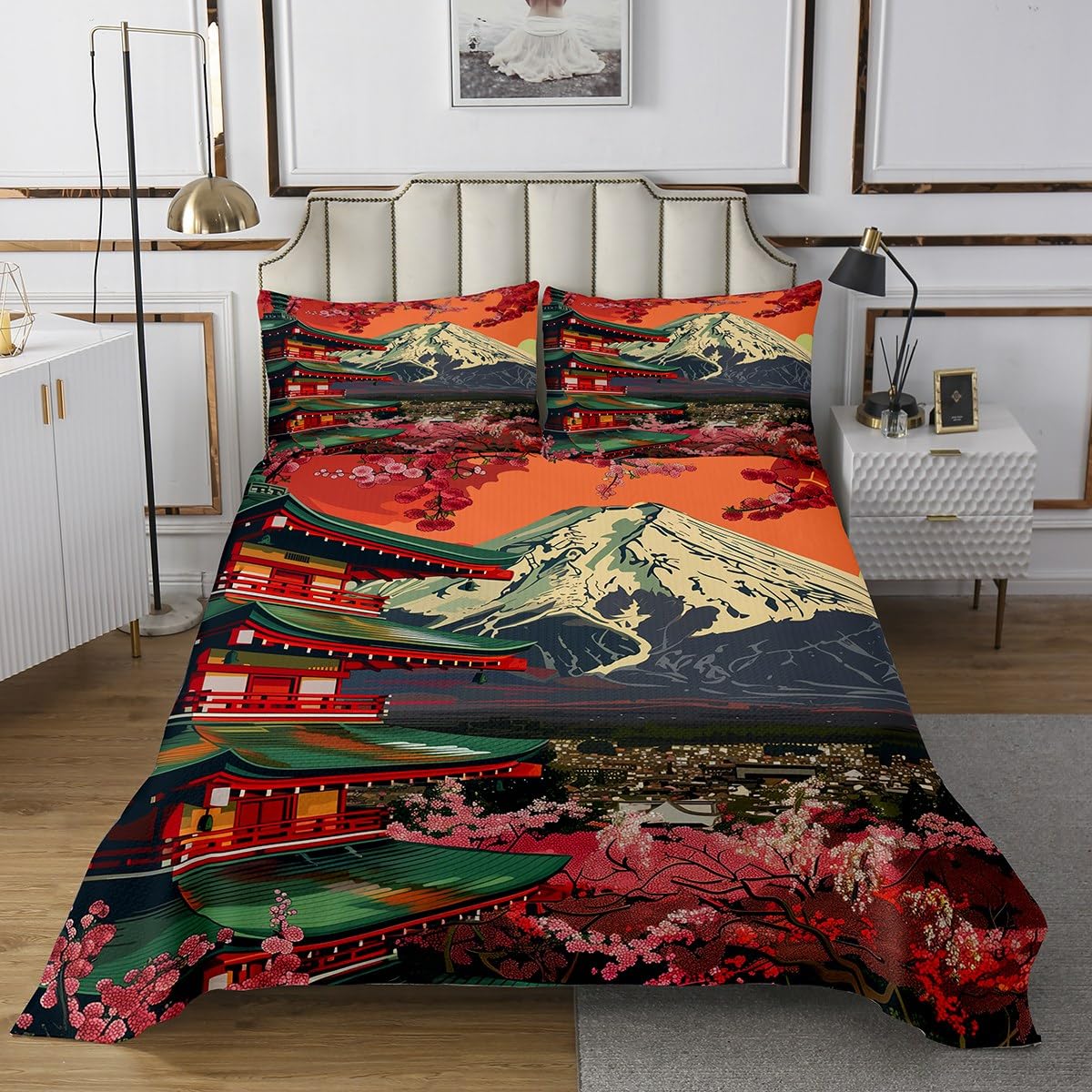 Loussiesd Fuji Berg Tagesdecke 220x240cm Japanische Ukiyoe Steppdecke Japanischer Stil Bettüberwurf Traditionelles Retro Thema Bettdecke Stepp Decke für Schlafzimmer Exotische Oriental