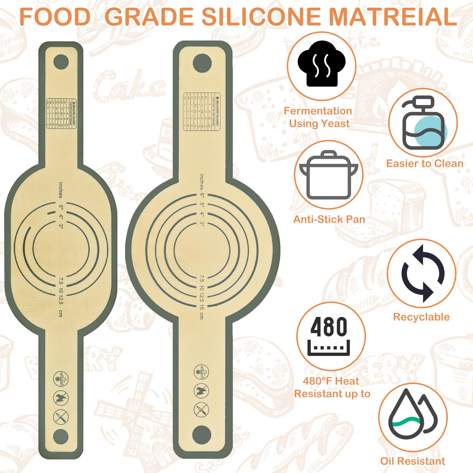 GVSS Lot De 2 Élingues à Pain En Silicone - Tapis De Cuisson Rond Et Ovale Avec Grattoir Et Brosse à Huile - Pour Pain, Pizza, Four Et Cocotte