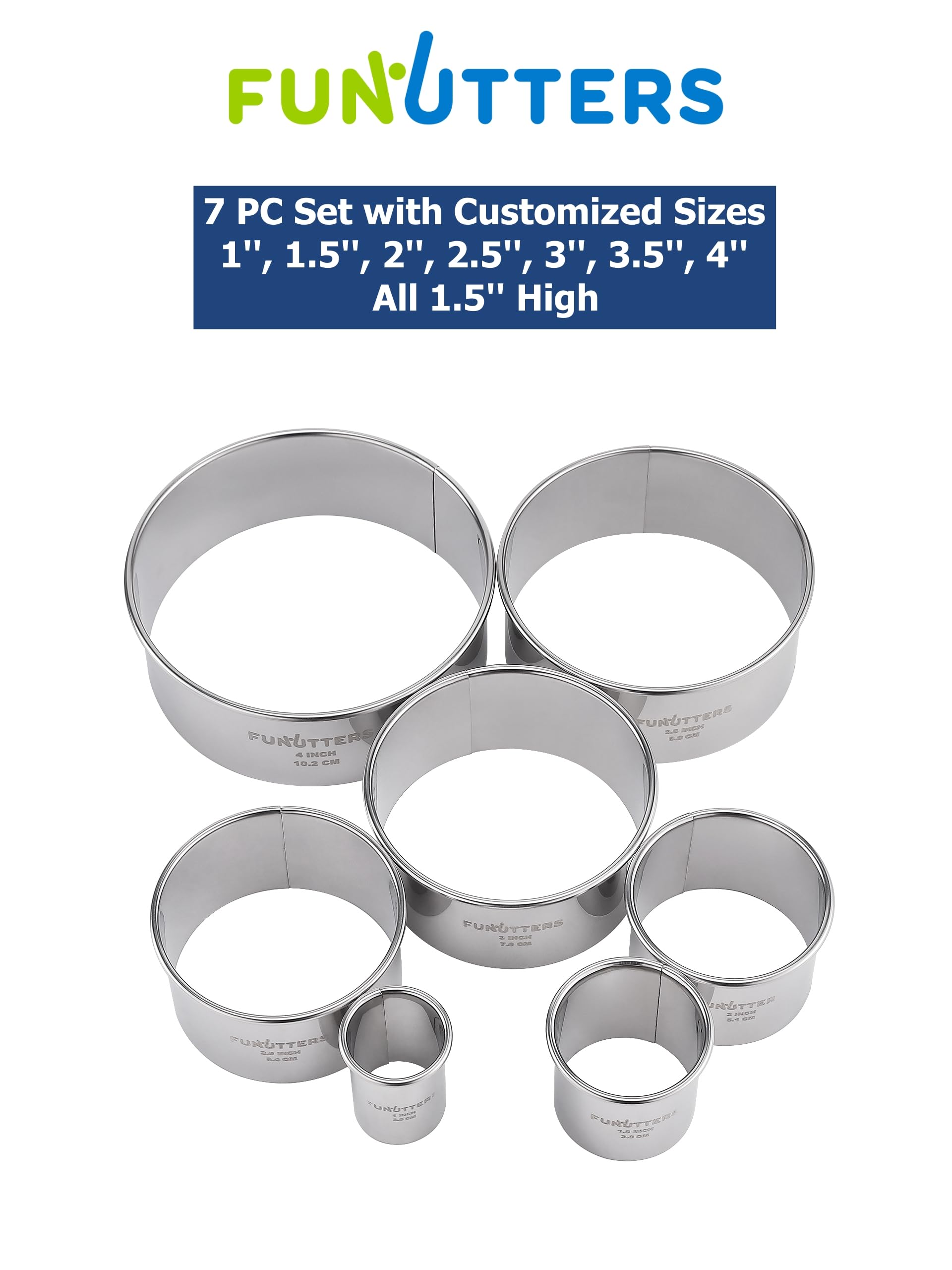 Funutters 7-Piece Stainless Steel Cookie Cutter Set - Round Baking Rings, 1" To 4" Sizes, 1.5" Depth