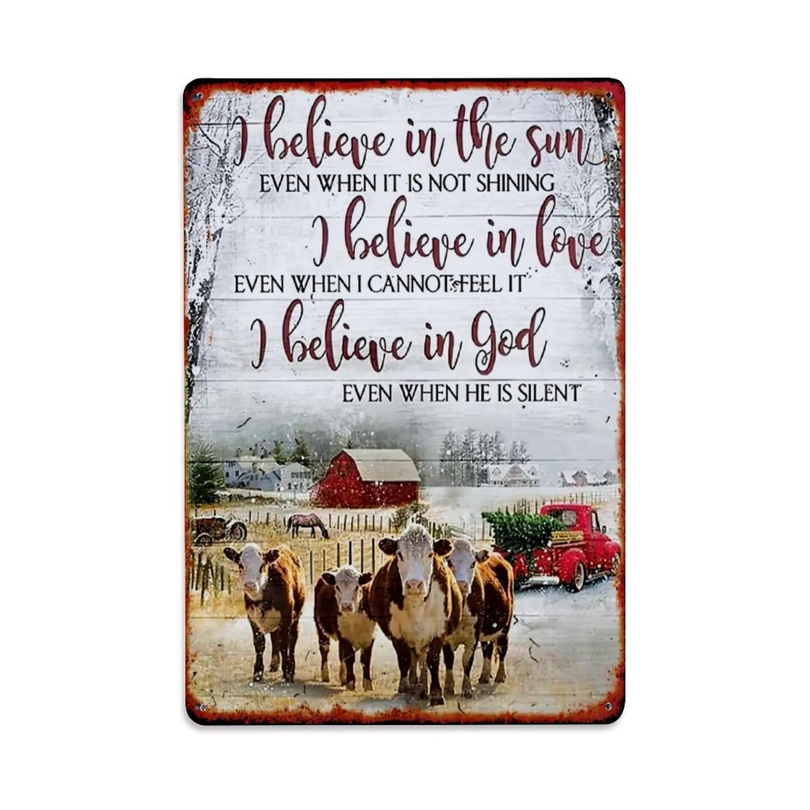 Jdfenggu Vintage Farm Scene With Cows And Red Truck Retro Metal Tin Sign, Decor Art Poster For Bar, Home, Man Cave, Kitchen, Laundry Room Gift 8X12inch