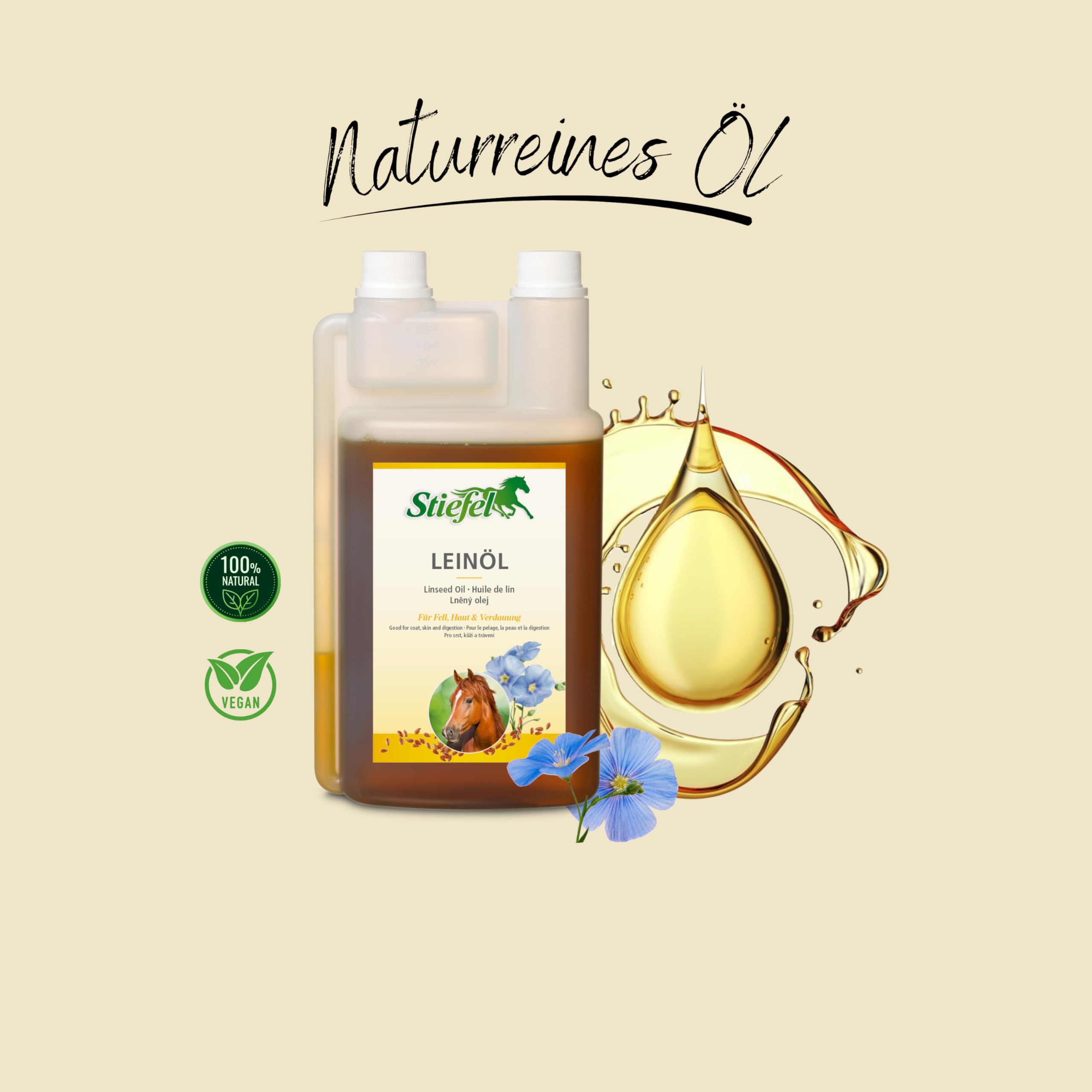 Stiefel Aceite de linaza para Caballos, 100% Natural, prensado en frío, favorece el Cambio de Pelaje, la digestión y la Piel, líquido con Botella dosificadora, 1 l