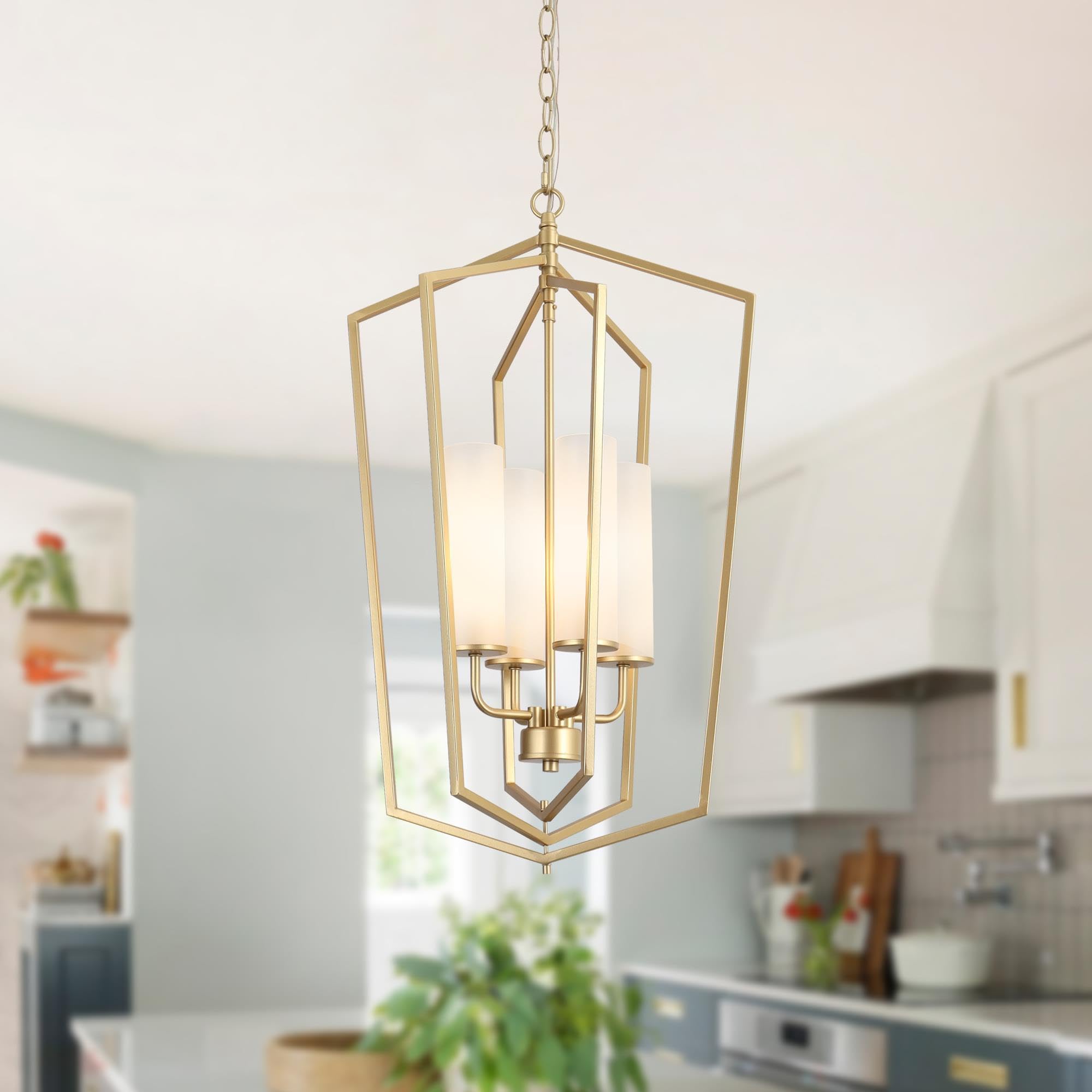 KSANA Gold Chandelier Light Fixture, 4 Light Chandelier Light, Modern Farmhouse Dining Room Light Fixtures Over Table, Adjustable Height Lantern