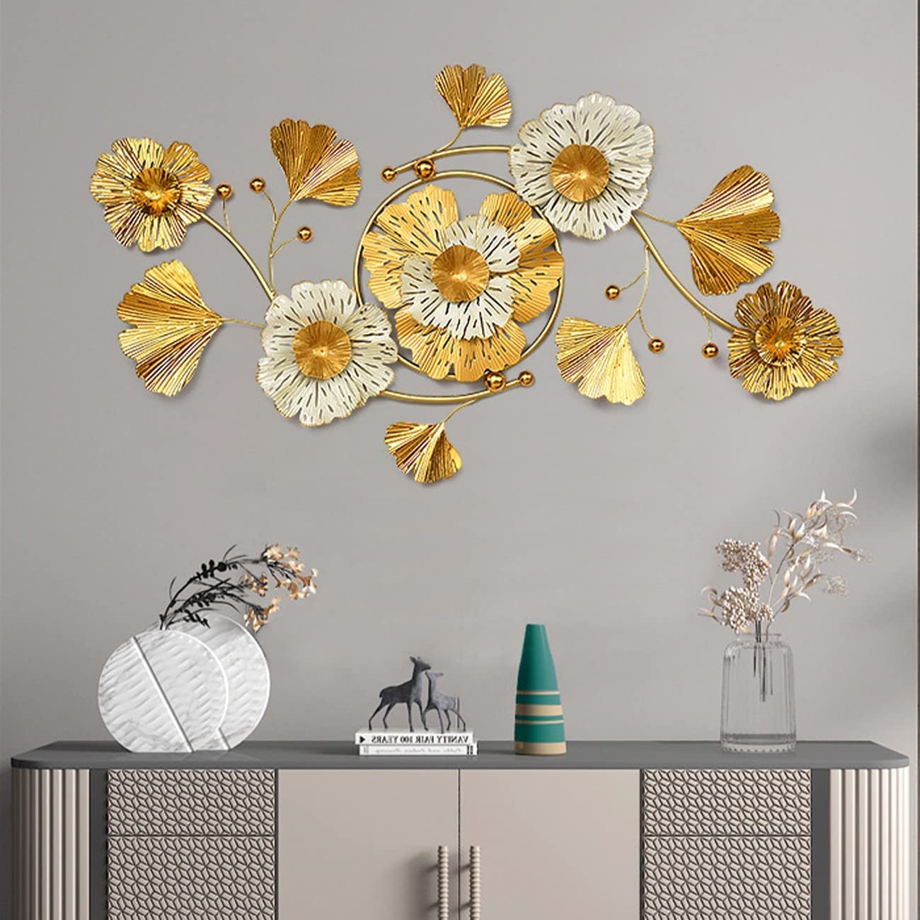 Wanddeko Metall Gingko,3D Deko Gold, Wanddeko Blätter, Wandschmuck, Wandskulptur Metall, Wandverzierung, Metallbild 3D Wandornament für Wohnzimmer Dekoration Schlafzimmer Hotel