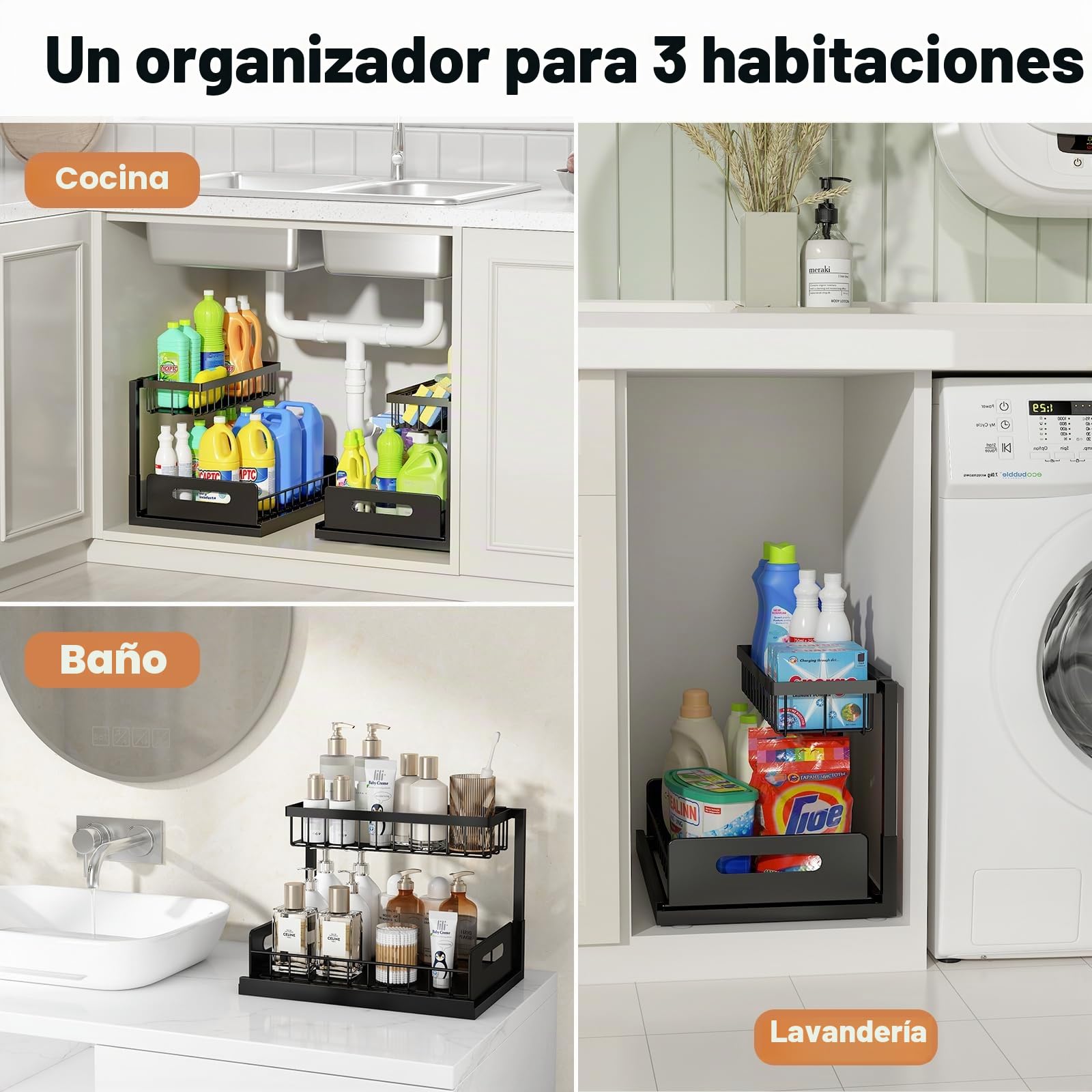 REALINN Organizador para Debajo del Fregadero, Organizador de gabinete extraíble, Estante Deslizante, estantes de Almacenamiento, Almacenamiento para Cocina y baño, Negro, Paquete de 2