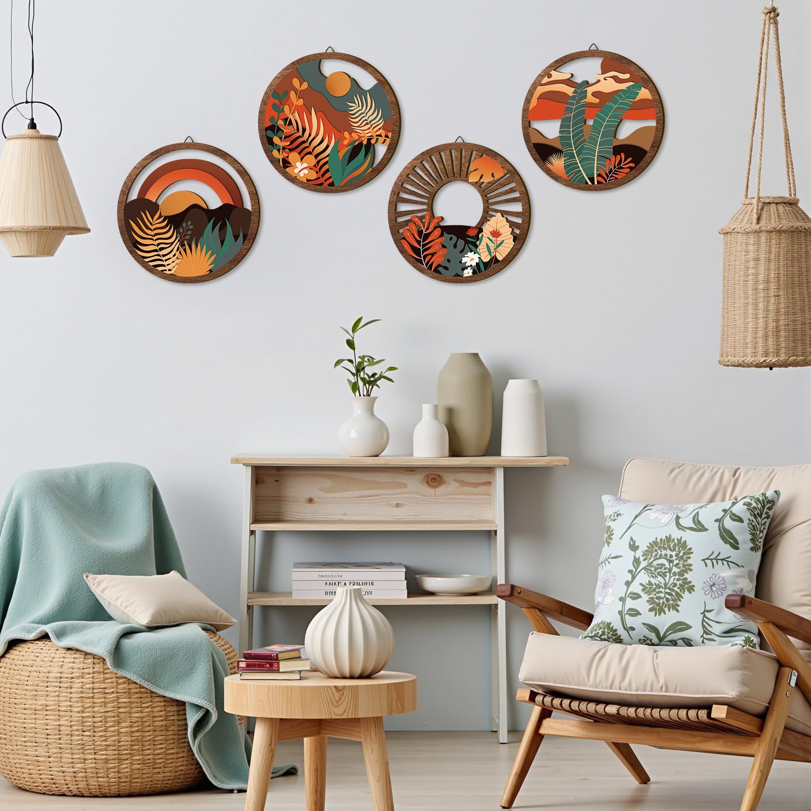 TOARTi 4PCS Boho Wall Art Decor,Wooden Bohemian Wall Art for Living Room,Minimalist Wood Sign Hanging Botanical Geometric Artwork Abstract Plants Desert Sun for Farmhouse Bedroom Office,11x11inch - Image 4