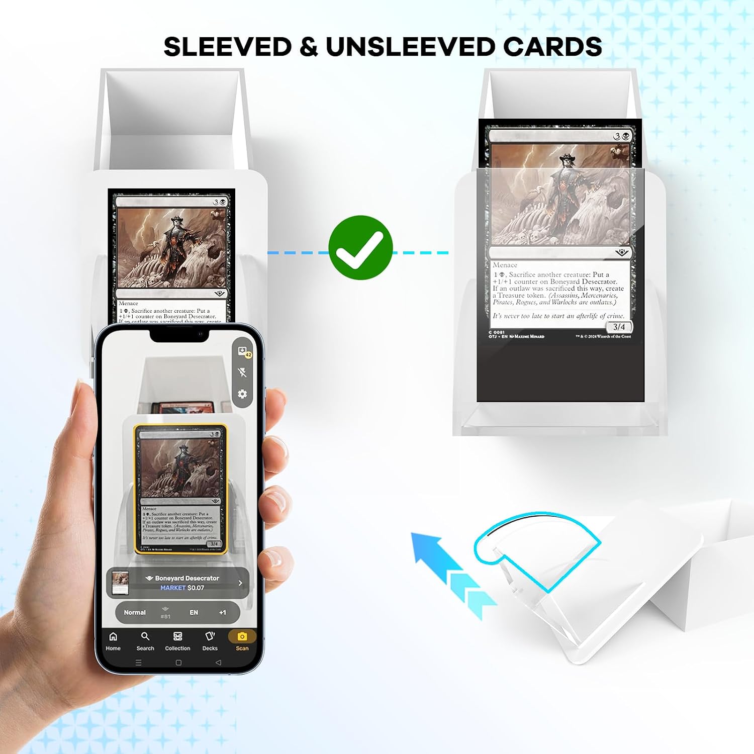TCG Card Scanner Stand - Free-Angle MTG Card Scanning Holder with Storage Box, One-Hand Operation Accessory for ManaBox & TCGplayer, Compatible with Sleeved & Unsleeved Trading Cards