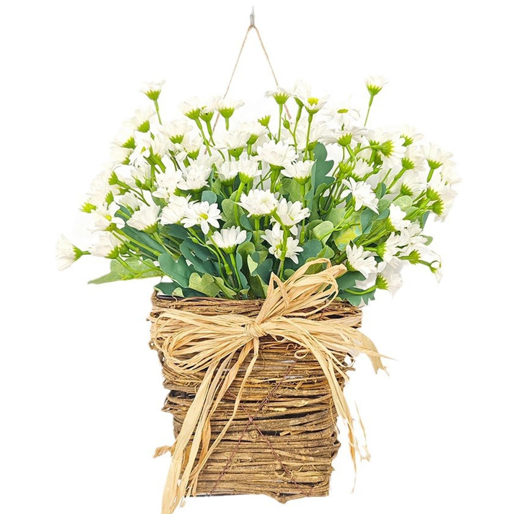 Basket Wreaths for Front Door Spring Floral Front Door Basket with Creamy Daisies & Burlap Bow 13.8x7.9 Inch Wreaths for, Farmhouse Wreath