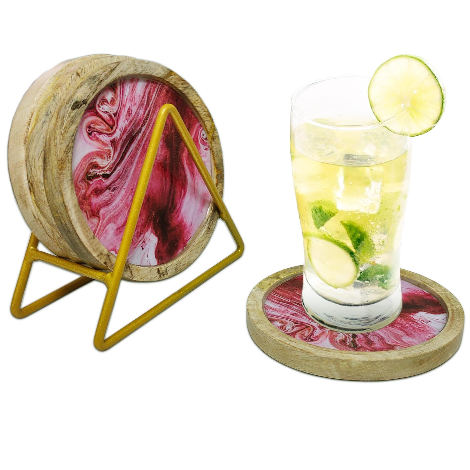 Uvz CraftsWooden Coasters Set with Metal Holder, Coasters Set of 4-4 x 4 inch - Large Coasters Protect Your Table from Tea/Coffee/Drink Stain - Round Shape Coasters (Wood Coasters)