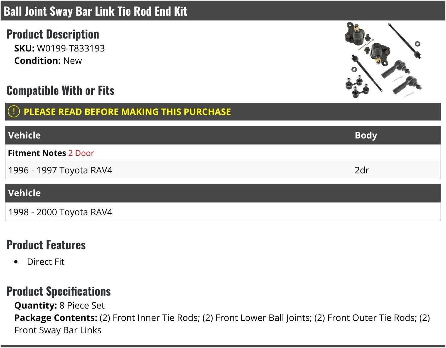 Ball Joint Sway Bar Link Tie Rod End Kit - 8 Piece - Compatible with 1996-2000 Toyota RAV4 2-Door