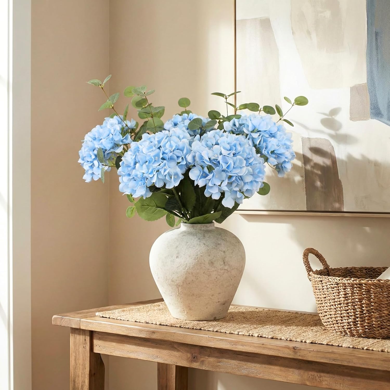 Blue Hydrangea Artificial Flowers Arrangement, 5 Real Touch Hydrangea Stems & 3 Faux Eucalyptus, Artificial Flowers for Table Centerpiece, Dining Room Living Room Decor, Spring Home Decor