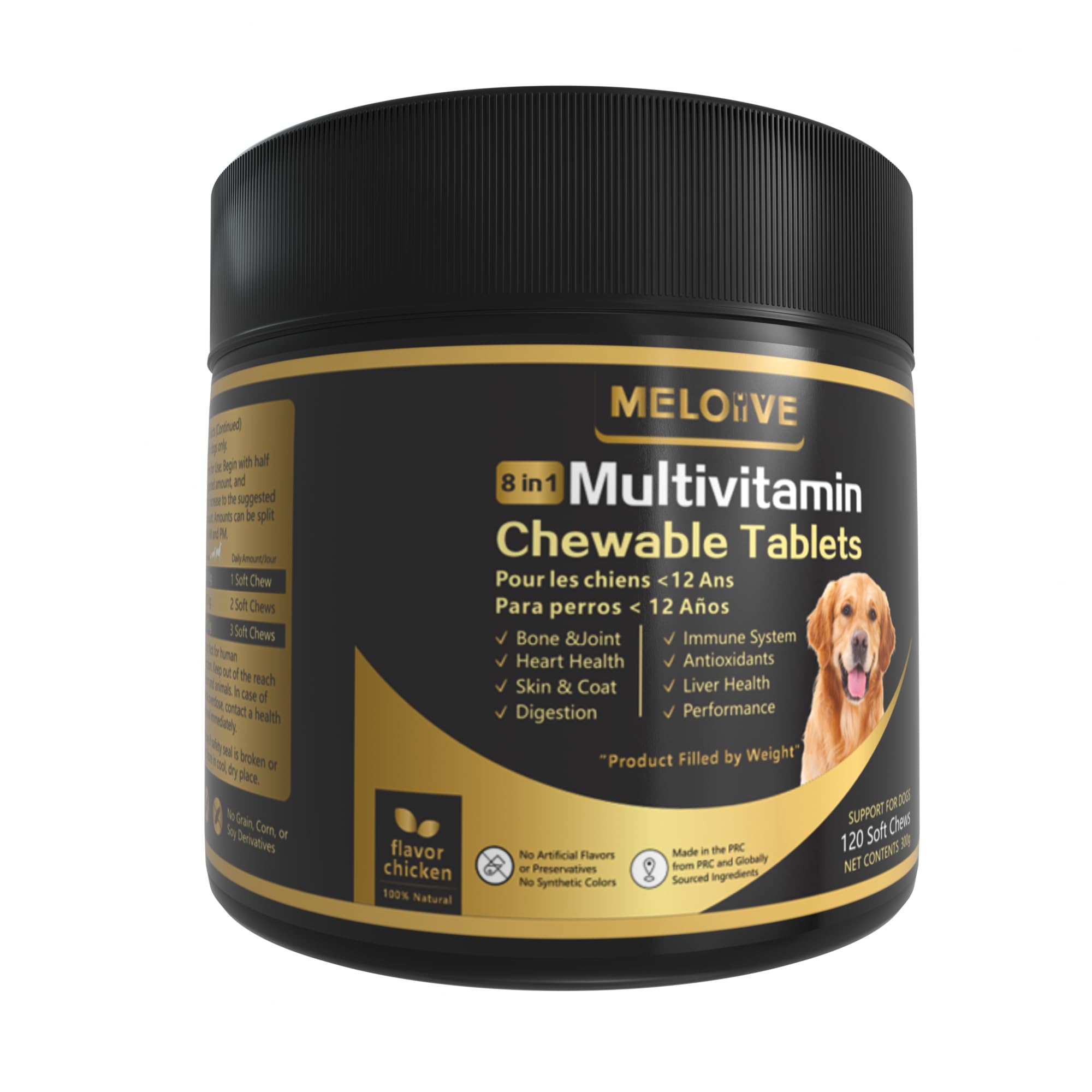 Meloive 8 en 1 Multivitamines pour Chien | Compléments Alimentaires Premium pour Chiens | Vitalité, Probiotiques, Articulations, Pelage, Immunité, Coeur, Cerveau | Au Poulet | 120 Comprimés