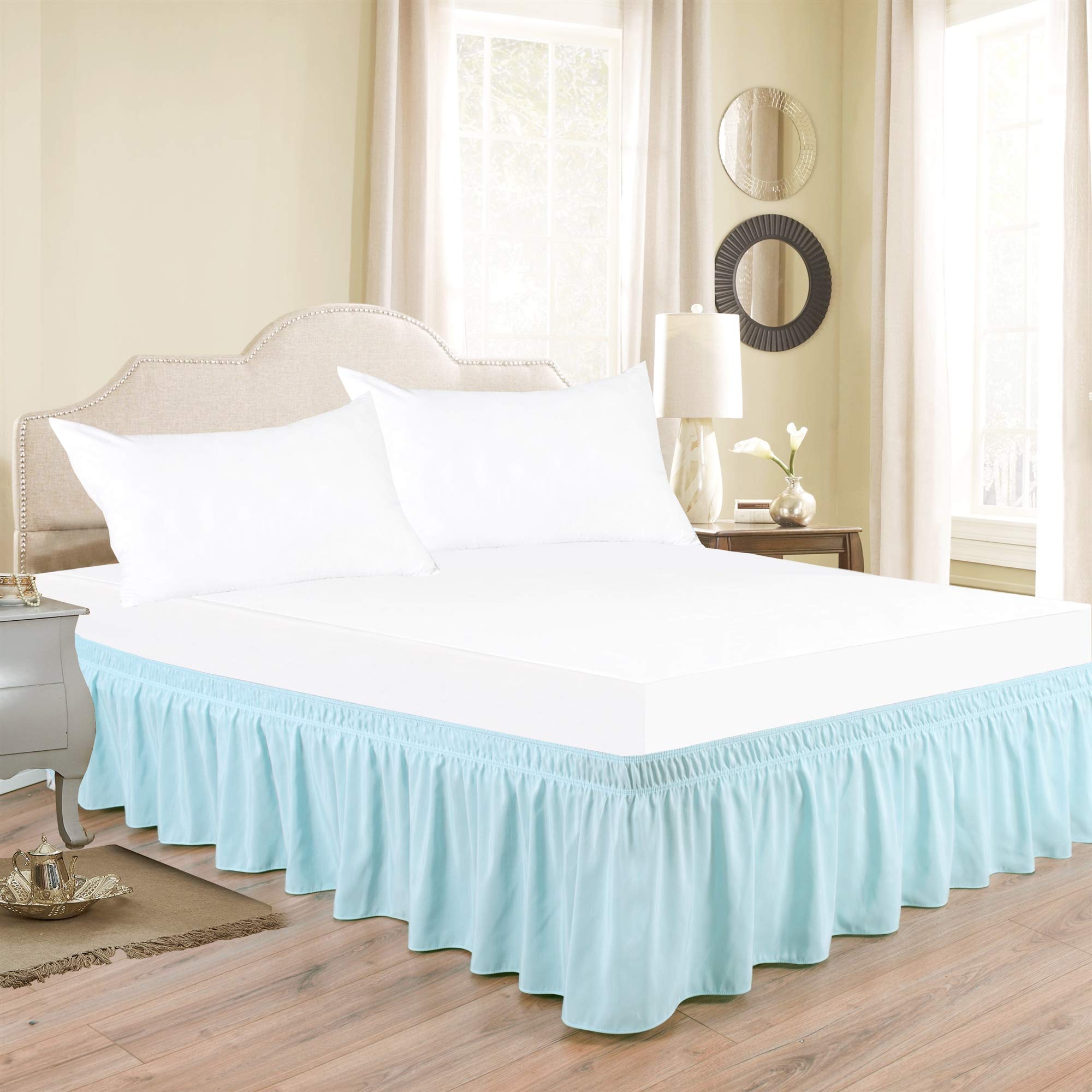 Bed Skirt - Wrap Around Bed Skirts Elastic Dust Ruffles, Easy Fit Wrinkle and Fade Resistant Silky Luxrious Fabric Solid Color, Easy On/Easy Off 21 Inch Tailored Drop, Light Blue, Short Queen