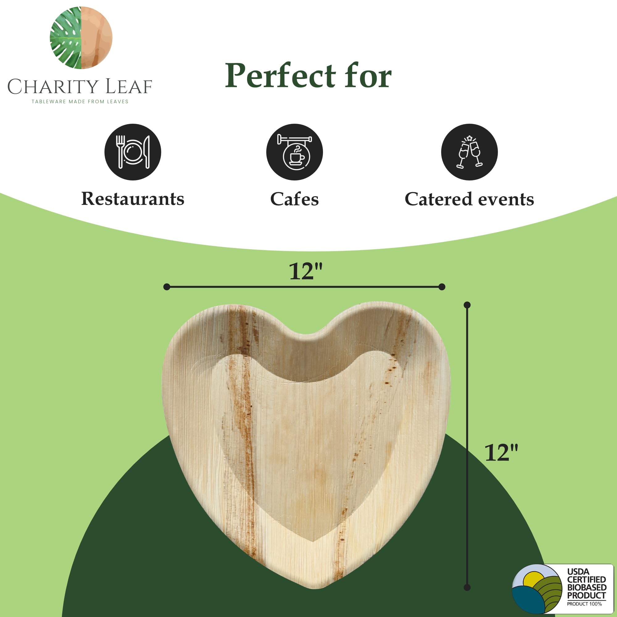 Charity Leaf Platos desechables con forma de corazón de hoja de palma de 12 pulgadas (25 piezas) de bambú, tablas desechables, vajilla ecológica para San Valentín, bodas, catering, eventos