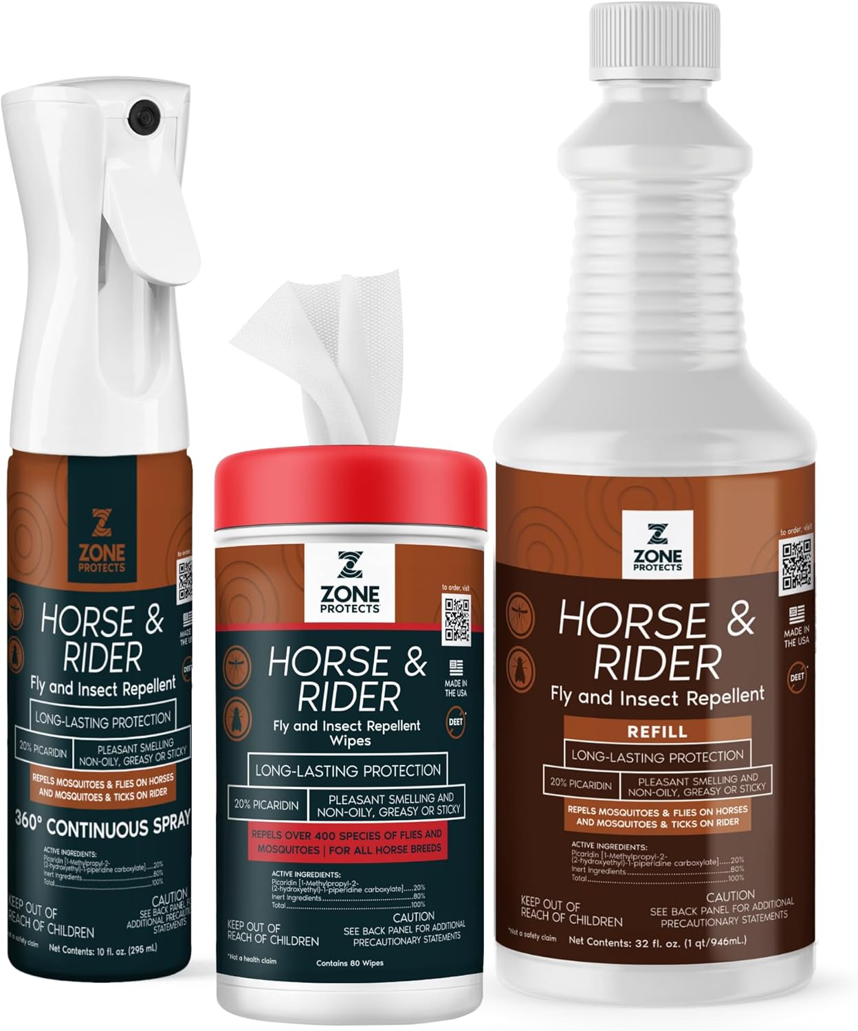 Horse & Rider Fly Insect Repellent Starter Pack – Picaridin 10oz Continuous Spray 32oz Refill 80ct Face Ear Wipes – 12 Hour Protection for Horses Riders Mosquitoes Gnats Ticks