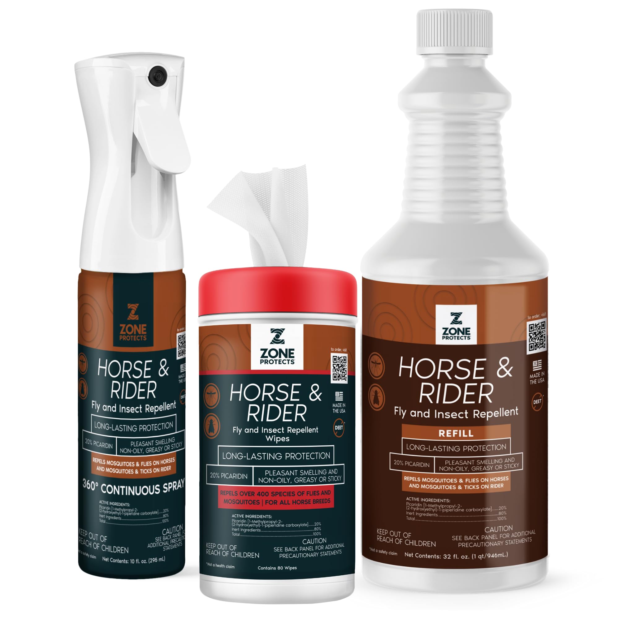 Horse & Rider Fly Insect Repellent Starter Pack – Picaridin 10oz Continuous Spray 32oz Refill 80ct Face Ear Wipes – 12 Hour Protection for Horses Riders Mosquitoes Gnats Ticks