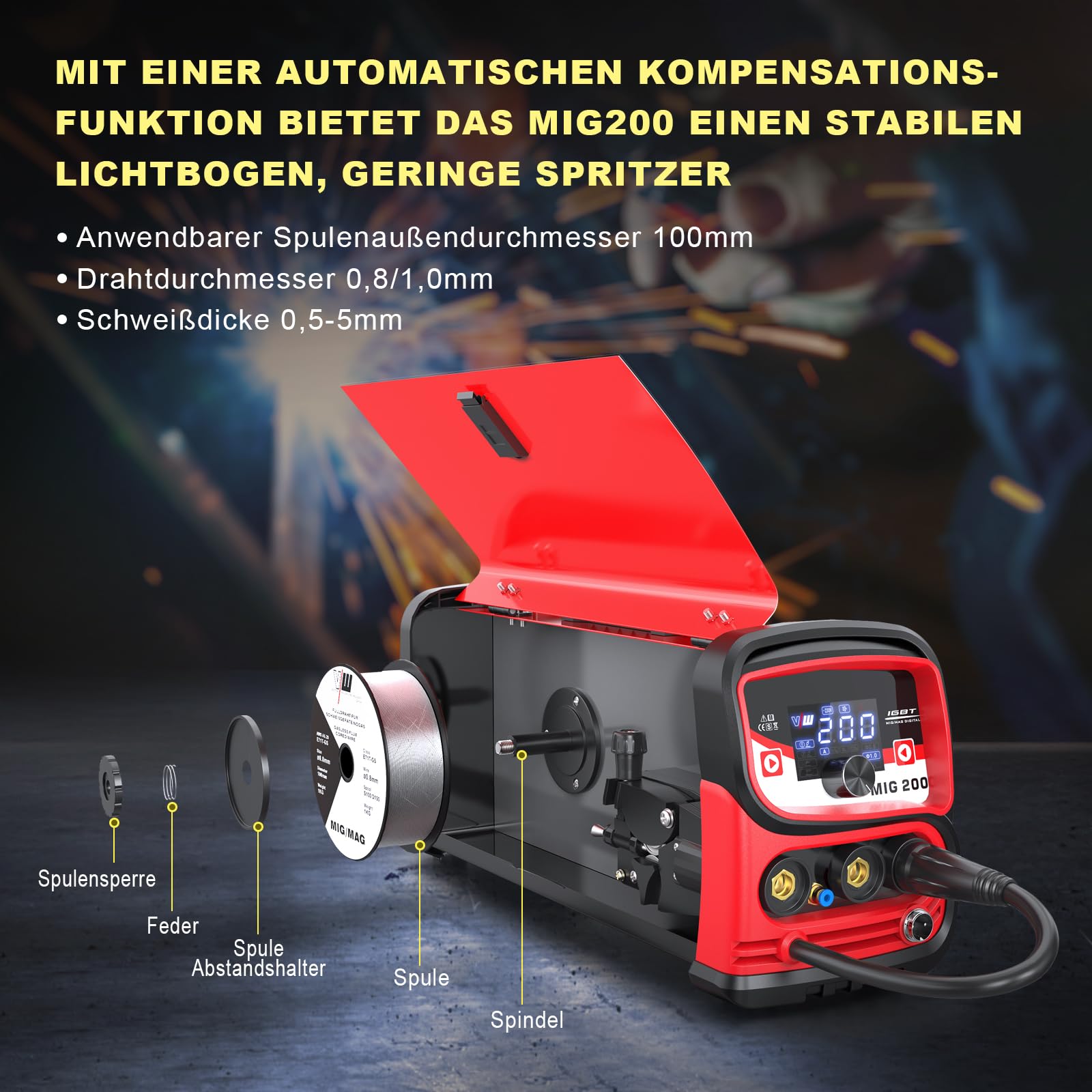 VECTOR WELDING MIG Schweißgerät 200 A Set, Fülldraht Schweissgerät, Elektrodenschweißgerät mit Digitales Display Leistungsstark für vielseitiges MIG, MAG und MMA Schweißen