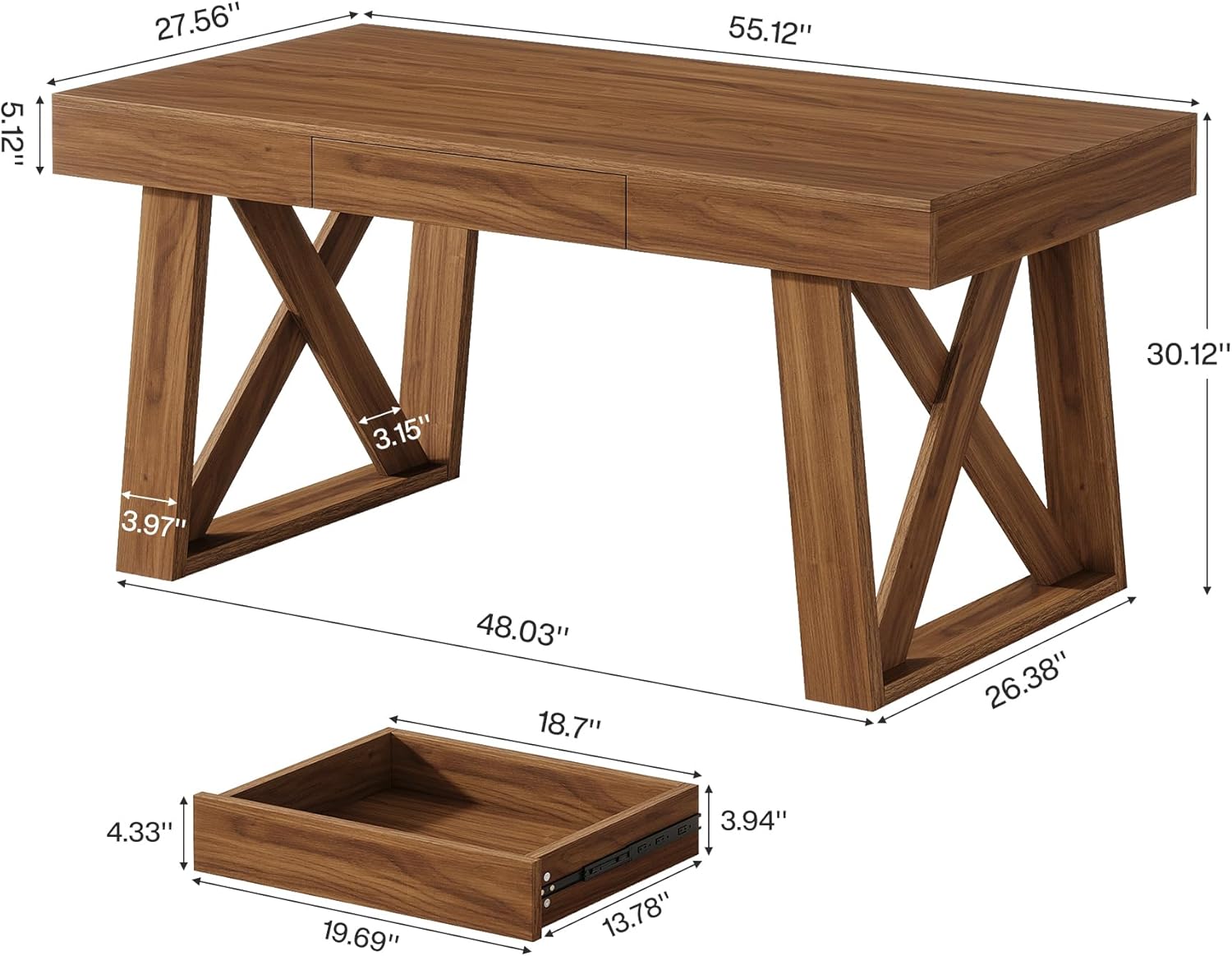 Tribesigns 55" Wide Desktop Executive Desk with Drawer, Retro Brown Computer Office Desk, Modern Wood Business Workstation Table for Home Office