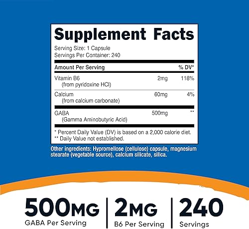 Miniatura 2 de Nutricost GABA (ácido gamma aminobutírico) + vitamina B6, 500 mg por porción, 240 cápsulas