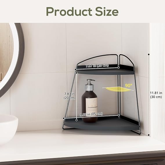 Puricon Corner Bathroom Counter Organizer, 2 Tier Corner Countertop Organizer Vanity Shelf, Wood Bathroom Organizers and Storage for Skincare -Black