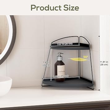 Puricon Corner Bathroom Counter Organizer, 2 Tier Corner Countertop Organizer Vanity Shelf, Wood Bathroom Organizers and Storage for Skincare -Black