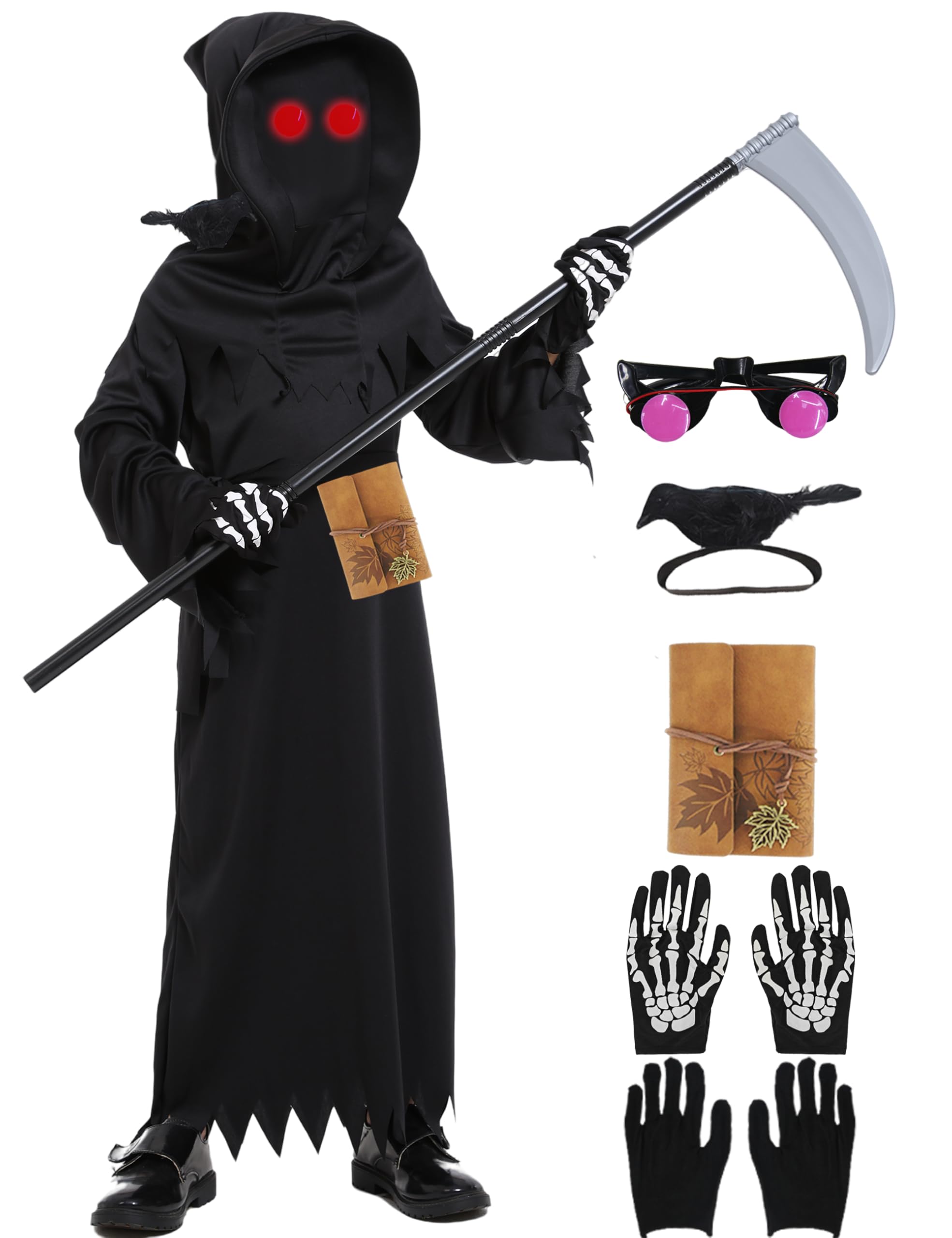Costume Faucheuse Halloween Enfant - Avec Faux, Lunettes Lumineuses, Gants, Capuche - Déguisement Effrayant Complet