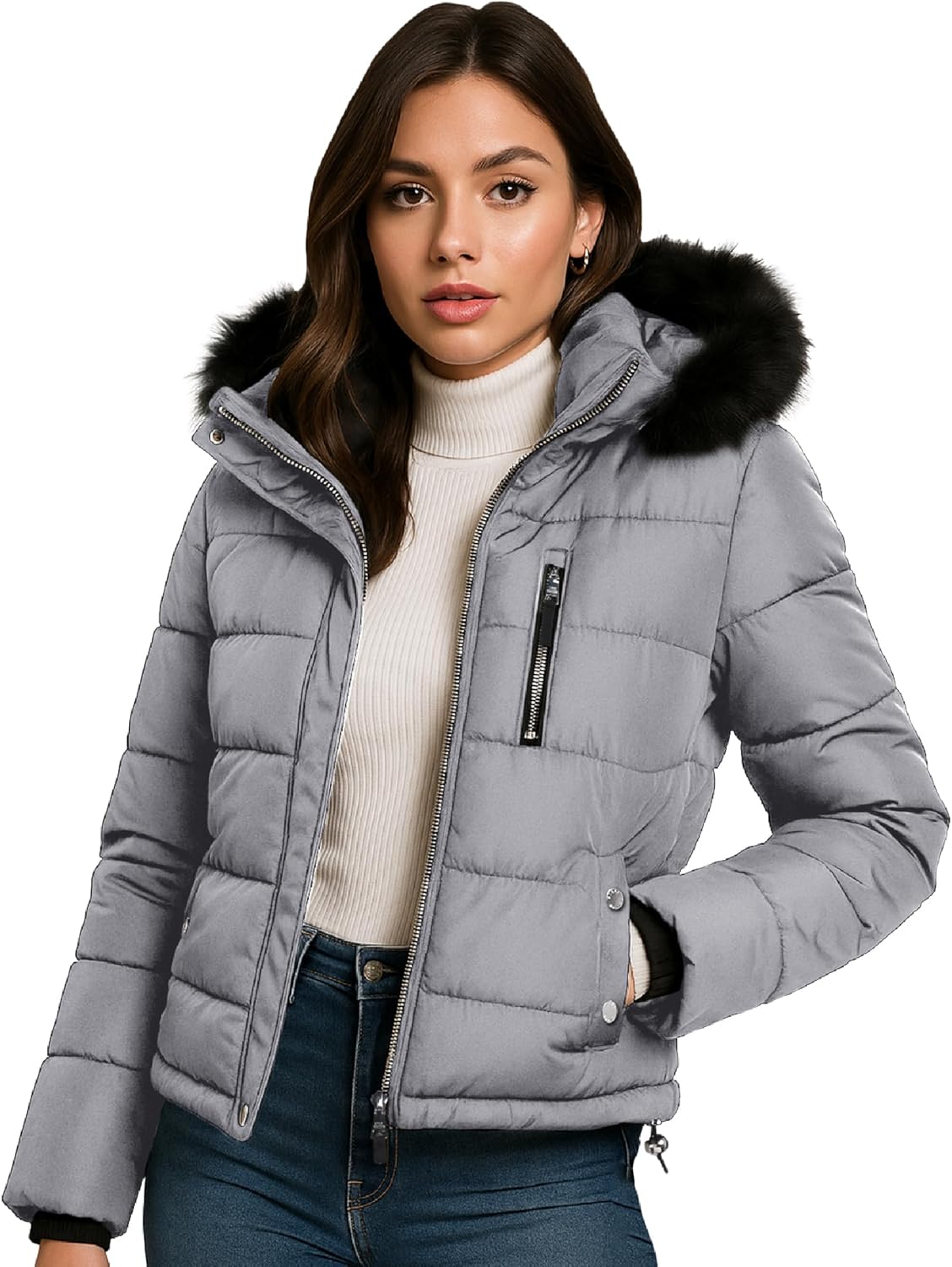 Steve Madden Womens Puffer Winter Coats - Cropped Wind & Water Resistant Insulated Quilted Jackets Winter with Faux Fur Coat