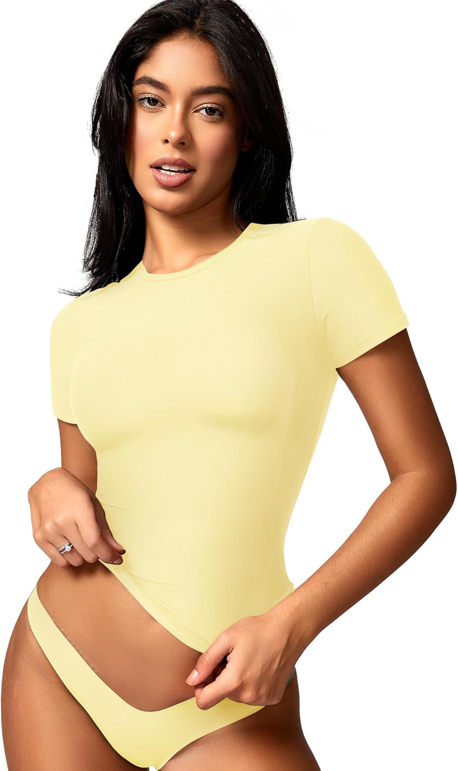 YEOREO Women Fitted Workout Tops Short Sleeve Double Lined Basic Y2K Going Out Crew Neck Compression Crop Top - Image 7