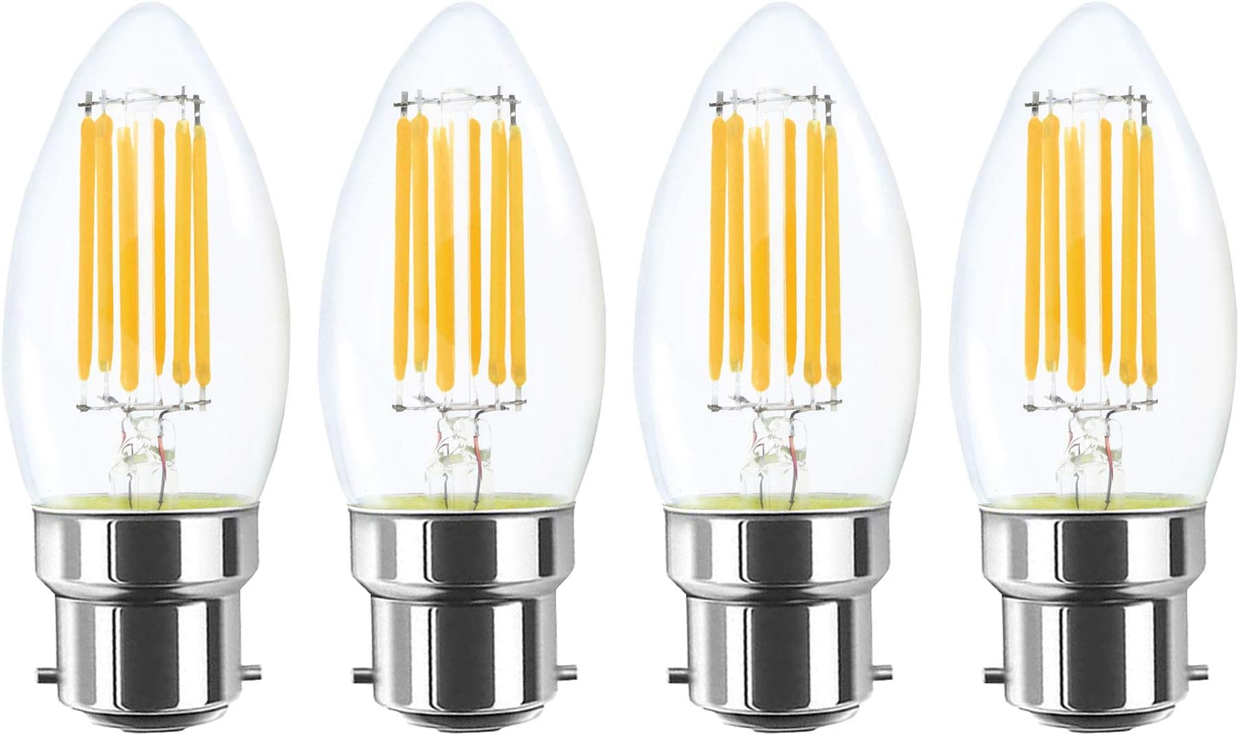 4-Pack 6W B22 Bayonet LED Filament Candle Light Bulb,2700K Warm White 600LM,C35 Shape Bullet Top,60W Incandescent Equivalent,Non-dimmable