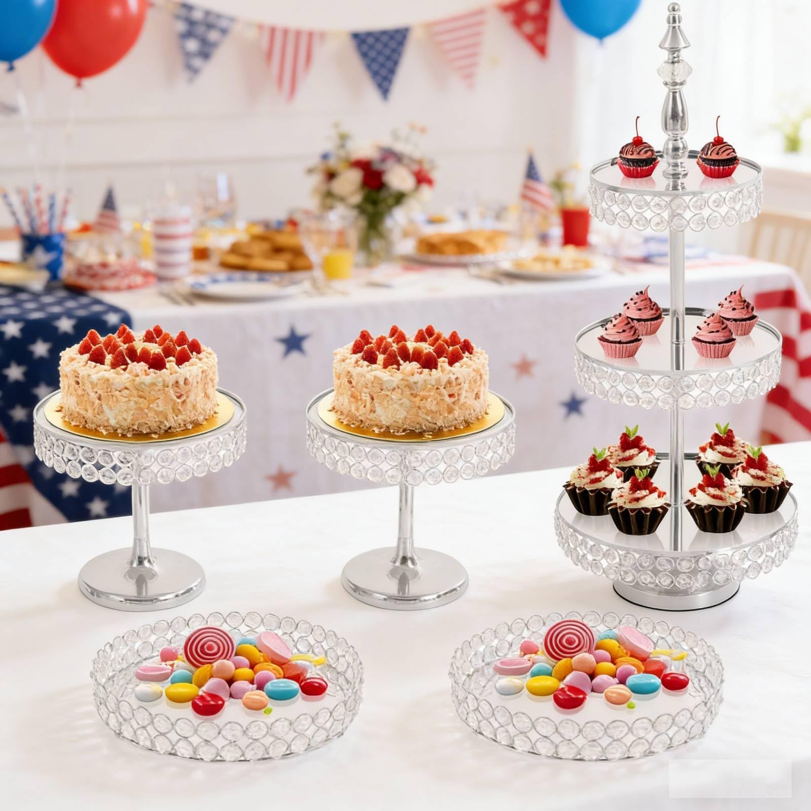 OUKANING 5 Pcs Crystal Silver Cake Stand Round Dessert Cupcake Holder Metal Stand Table Cake Pedestal with Crystal Pendant and Wedding Bead Display Plate for Wedding Birthday Party