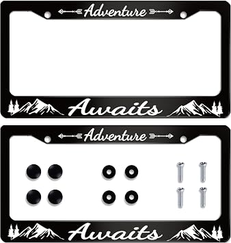 Adventure Awaits License Plate Frame 2 Pack Stainless Steel Car Accessories Personalized License Plate Fits Standard U.S. Vehicles Size 12.2 x 6 Inches for Men Women